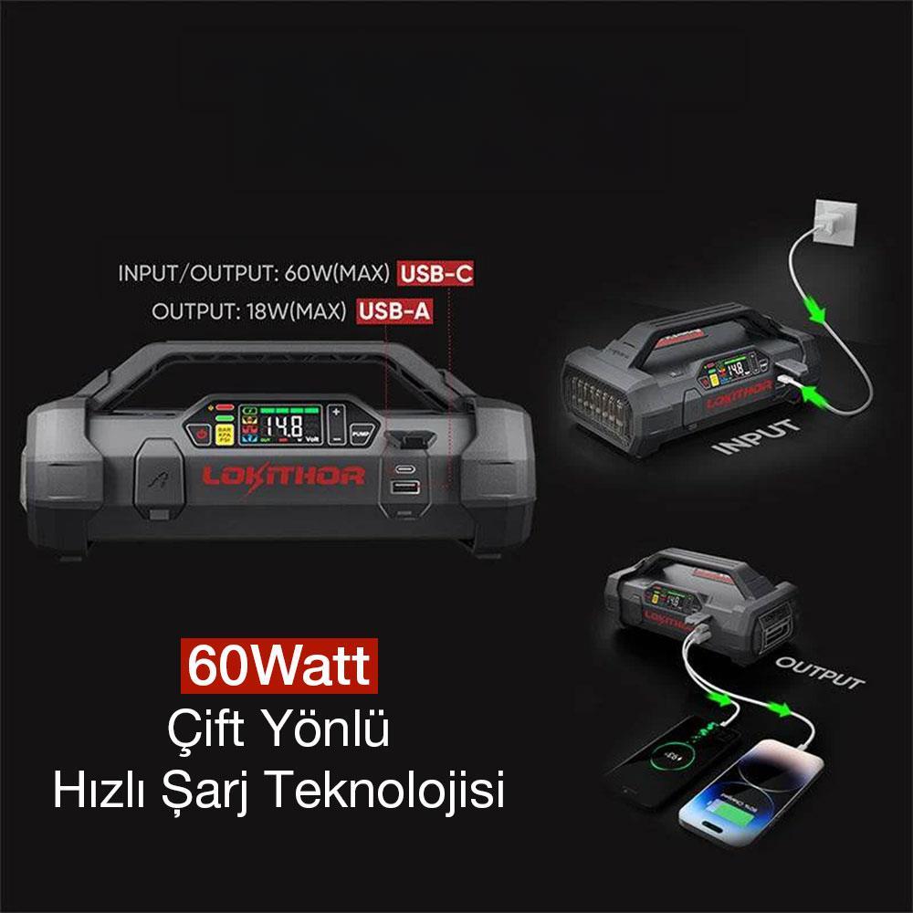 Lokithor APARTX2500 12V 2500Amp LiFePO4 Akıllı Akü Takviye + Pompa + Powerbank + Led Lamba