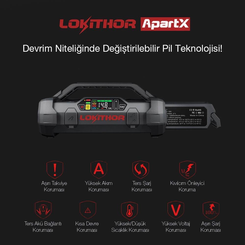 Lokithor APARTX4000 12V 4000Amp Li-Polimer Akıllı Akü Takviye + Pompa + Powerbank + Led Lamba