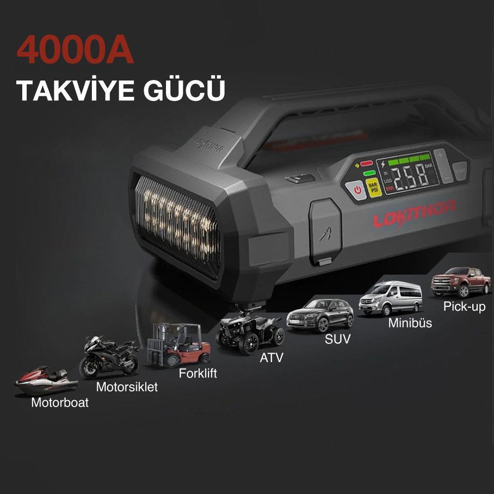 Lokithor APARTX4000 12V 4000Amp Li-Polimer Akıllı Akü Takviye + Pompa + Powerbank + Led Lamba