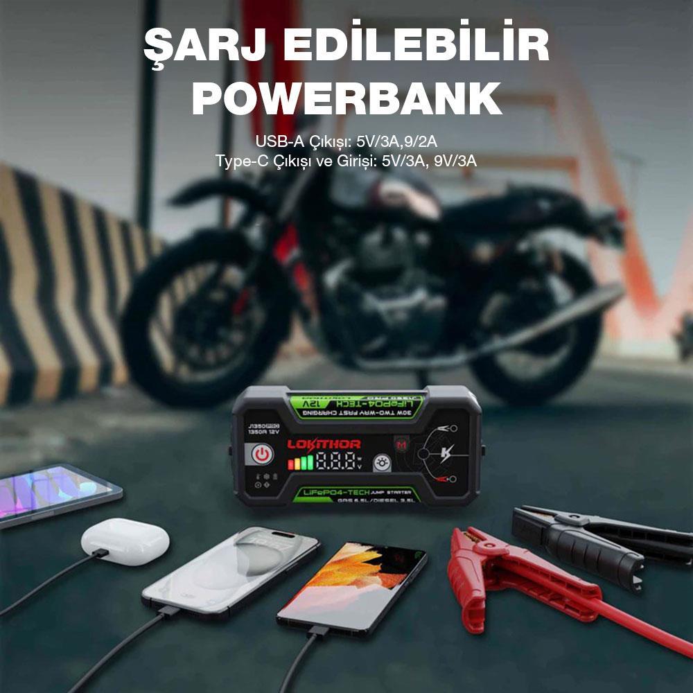 Lokithor J1350PRO 12V 1350Amp LiFePO4 Akıllı Akü Takviye + Powerbank + Led Lamba