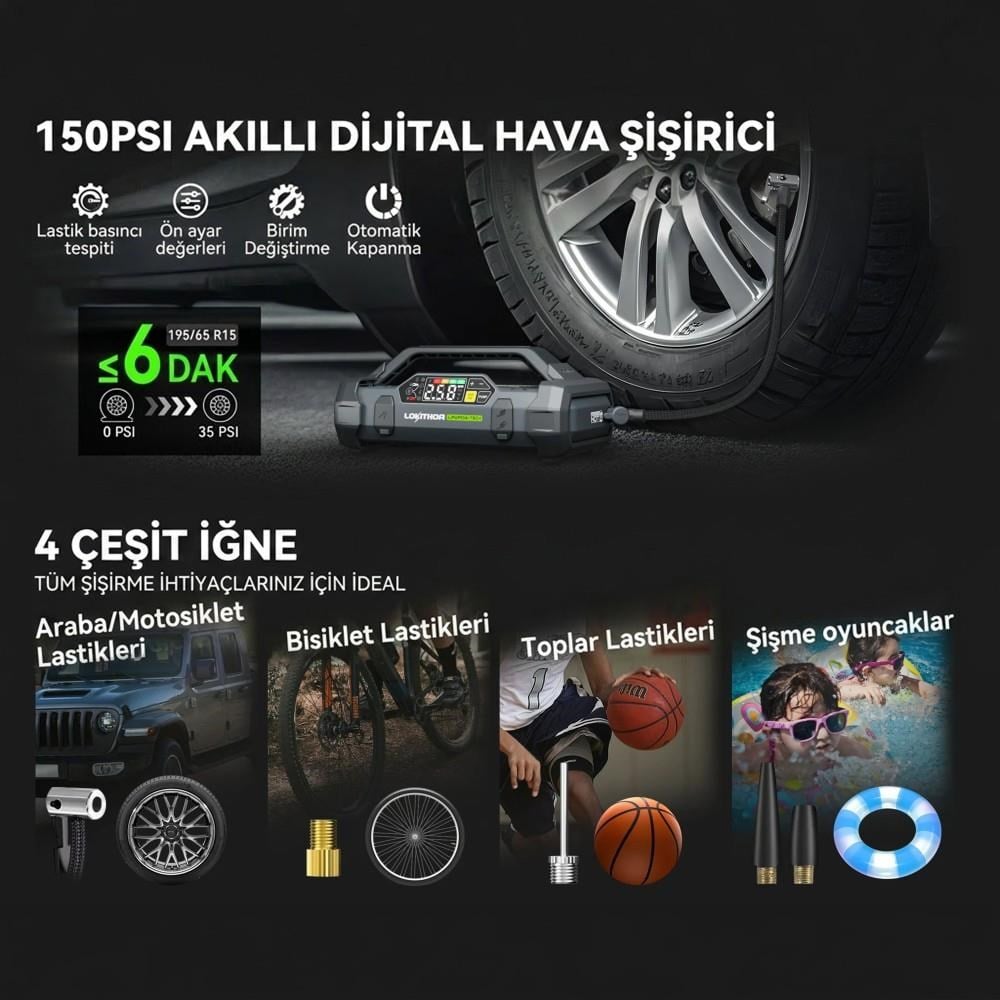Lokithor JA3000PRO 12V 3000Amp LiFePO4 Akıllı Akü Takviye + Pompa + Powerbank + Led Lamba