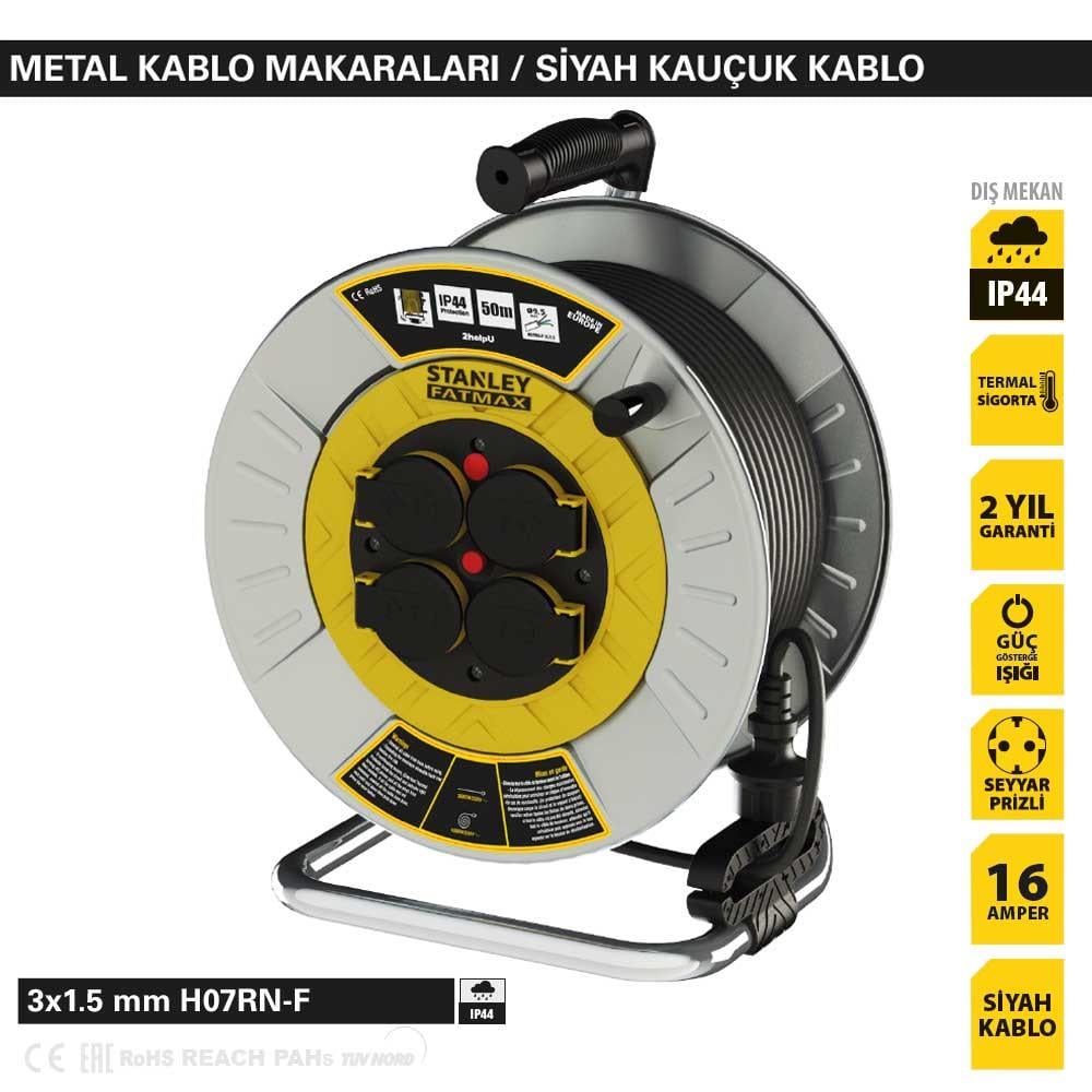 Stanley ST-MC Metal IP44 4 Soketli 25 Metre Makaralı Kablo 3x1.5 mm