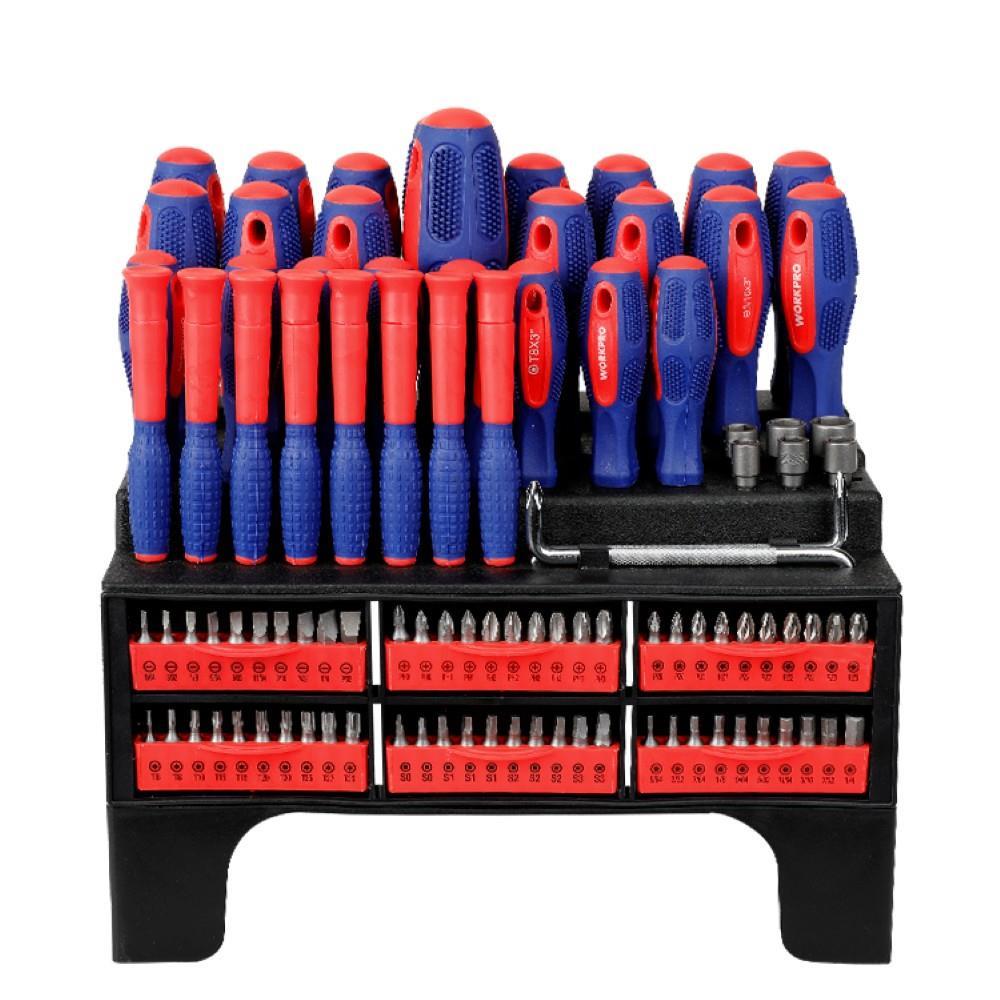 WORKPRO WP200560 100 Parça Duvar Askı Aparatlı Profesyonel CR-V Manyetik Tornavida ve Bits Uç Seti