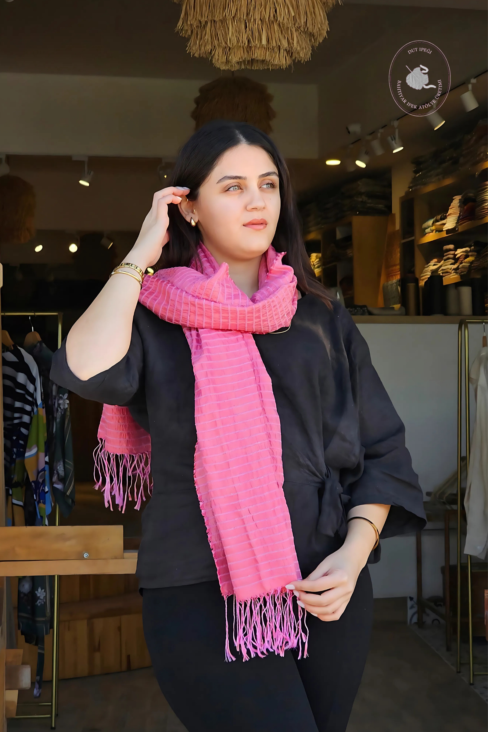 Açık Pembe Çizgili Dokuma İpek Şal  Bahtiyar İpek Şal