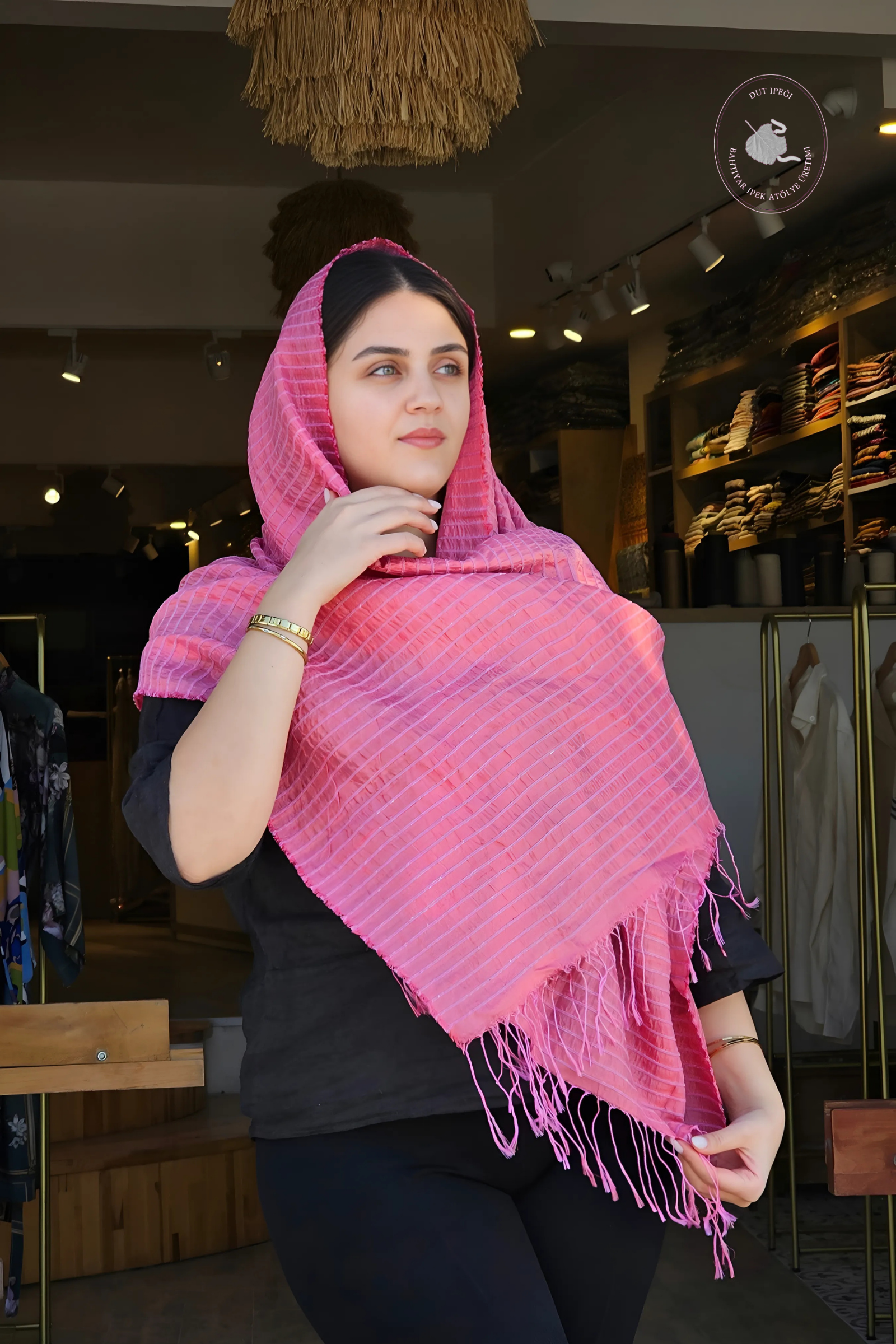 Açık Pembe Çizgili Dokuma İpek Şal  Bahtiyar İpek Şal