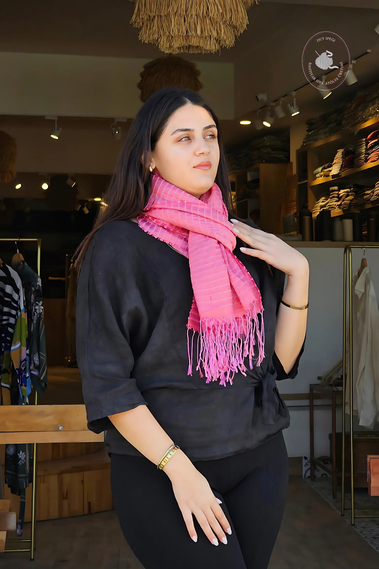 Açık Pembe Çizgili Dokuma İpek Şal  Bahtiyar İpek Şal