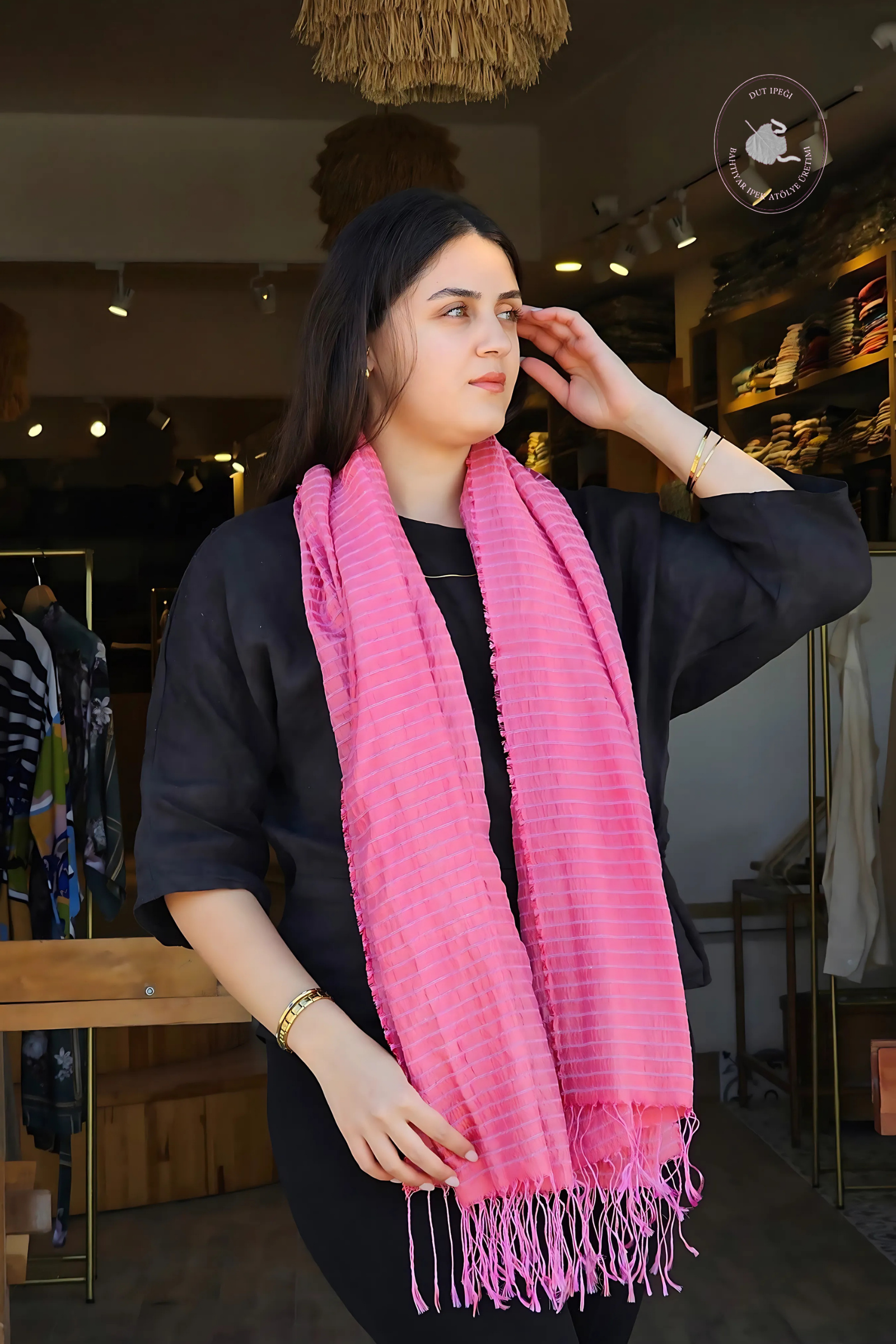 Açık Pembe Çizgili Dokuma İpek Şal  Bahtiyar İpek Şal