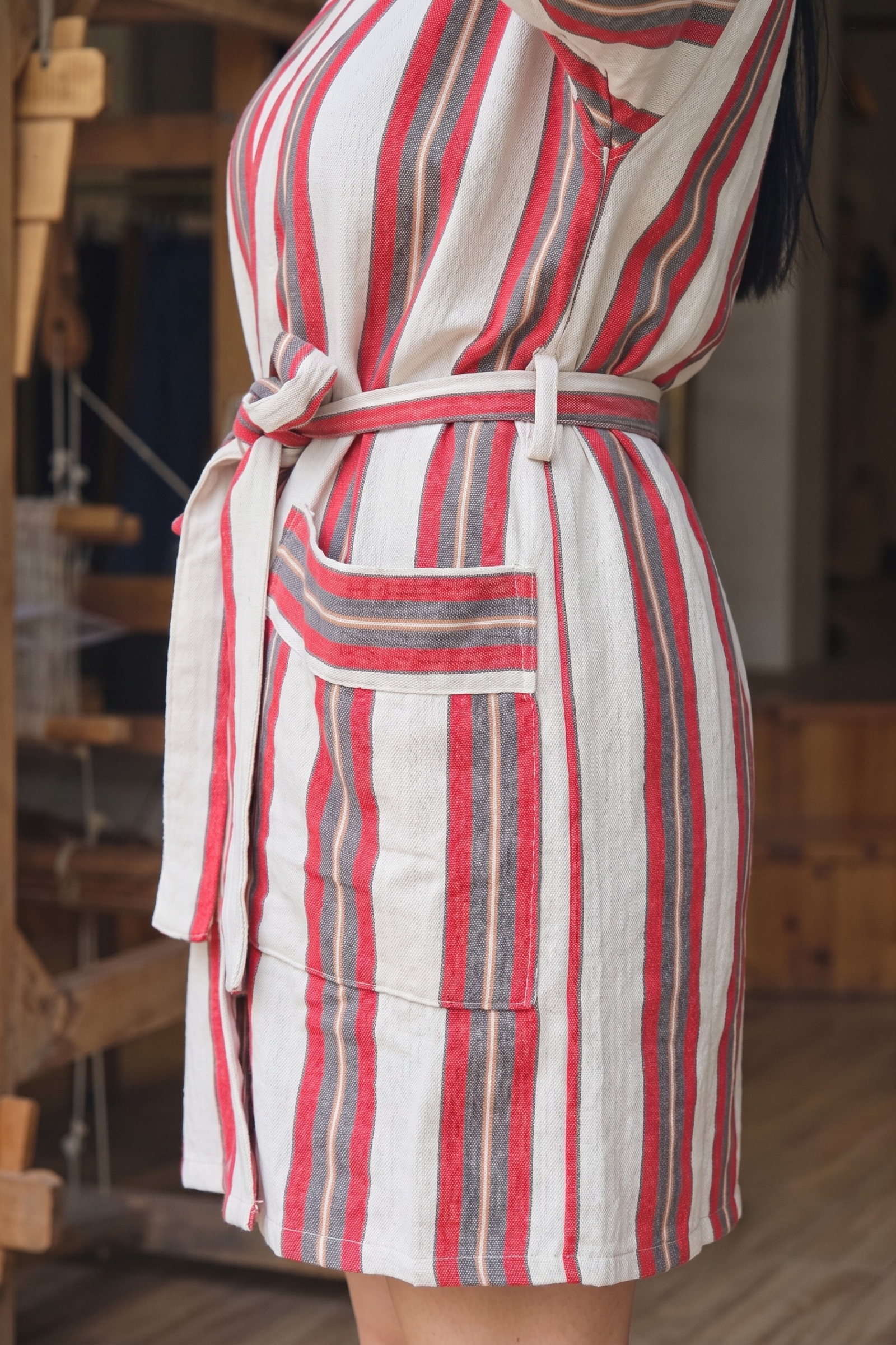 Beyaz Kalın Bordo Çizgili Pamuk Kimono  Bahtiyar İpek Kimono