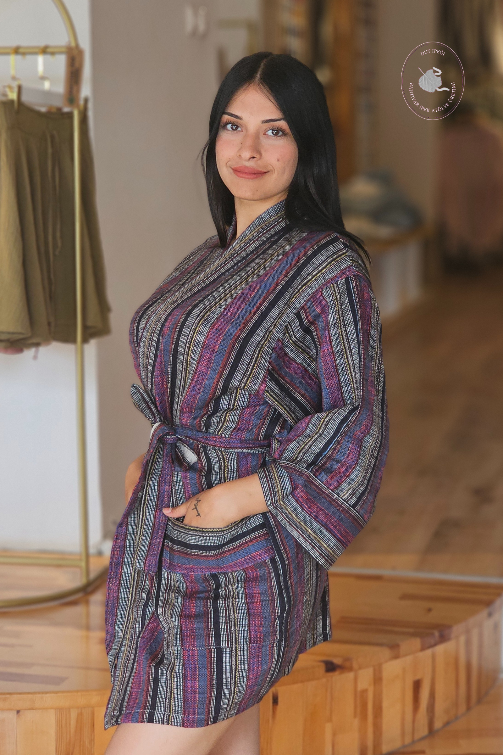 Bordo Siyah Çizgili Pamuk Kimono  Bahtiyar İpek Kimono