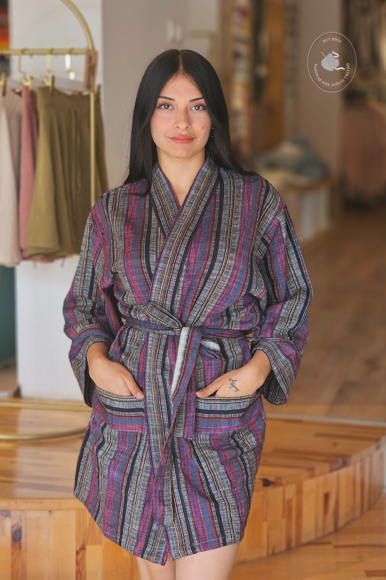 Bordo Siyah Çizgili Pamuk Kimono  Bahtiyar İpek Kimono