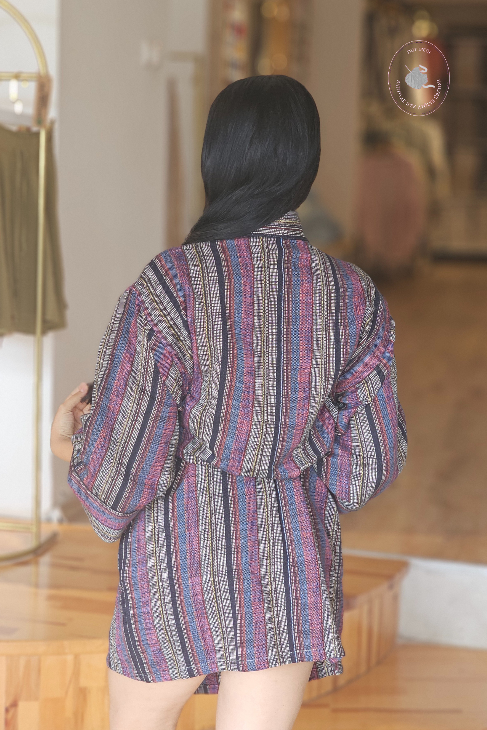 Bordo Siyah Çizgili Pamuk Kimono  Bahtiyar İpek Kimono