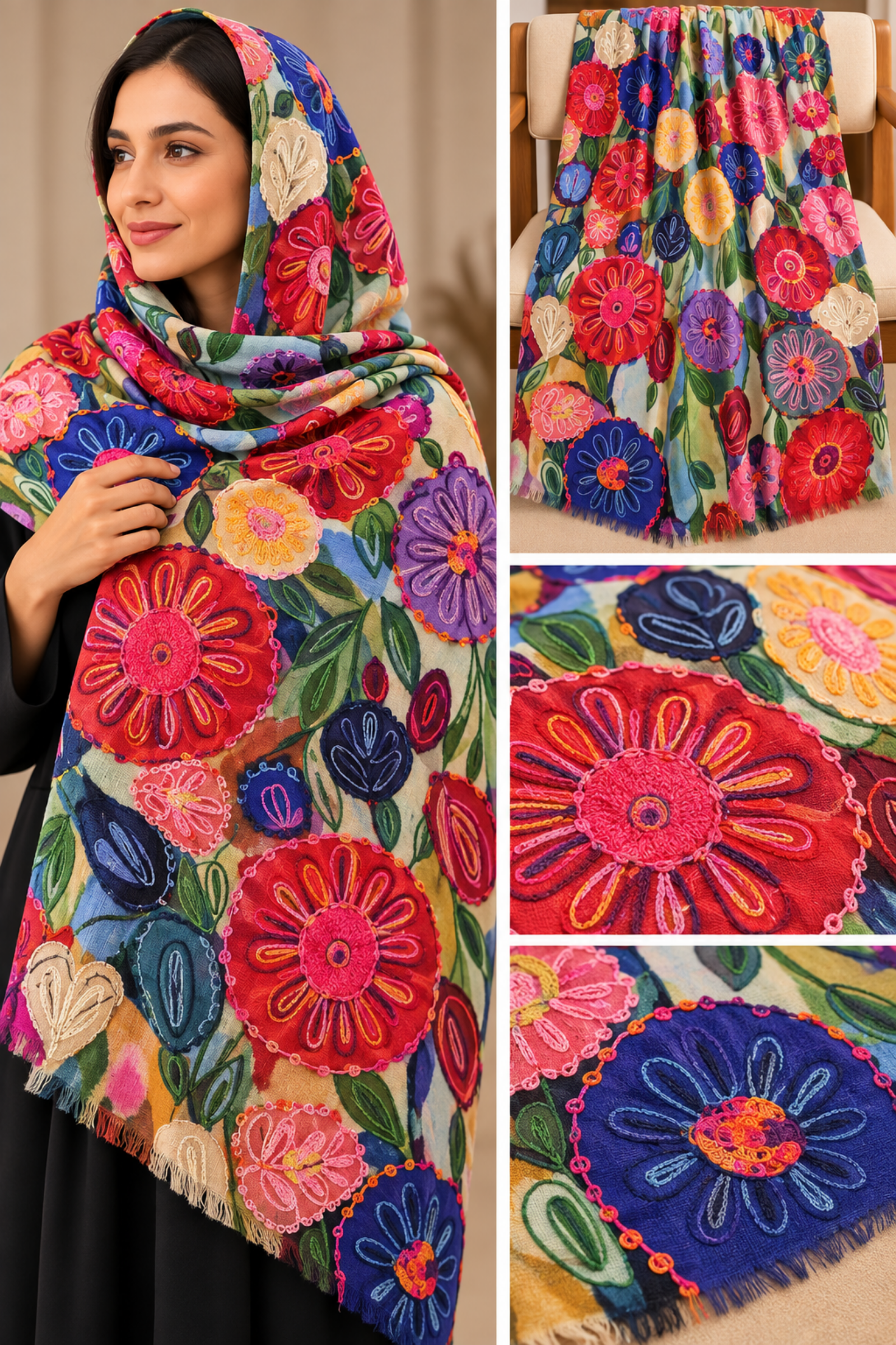 Çiçek Desenli Kaşmir Omuz Şalı  Bahtiyar İpek Omuz Şalı
