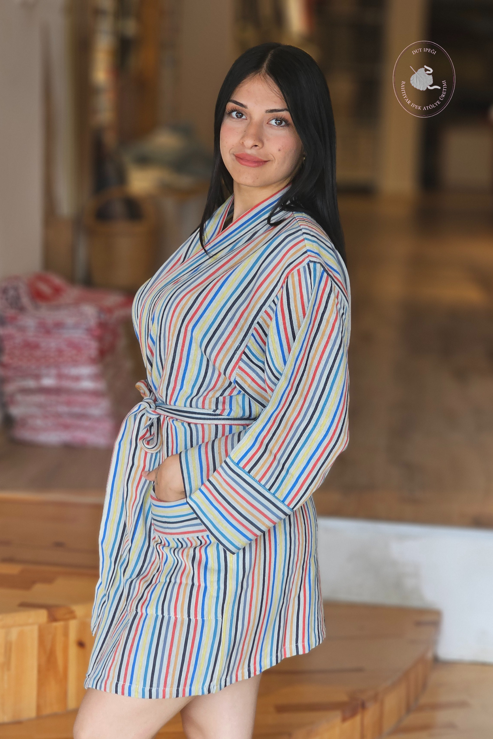 Çok Renkli Çizgili Pamuk Kimono  Bahtiyar İpek Kimono