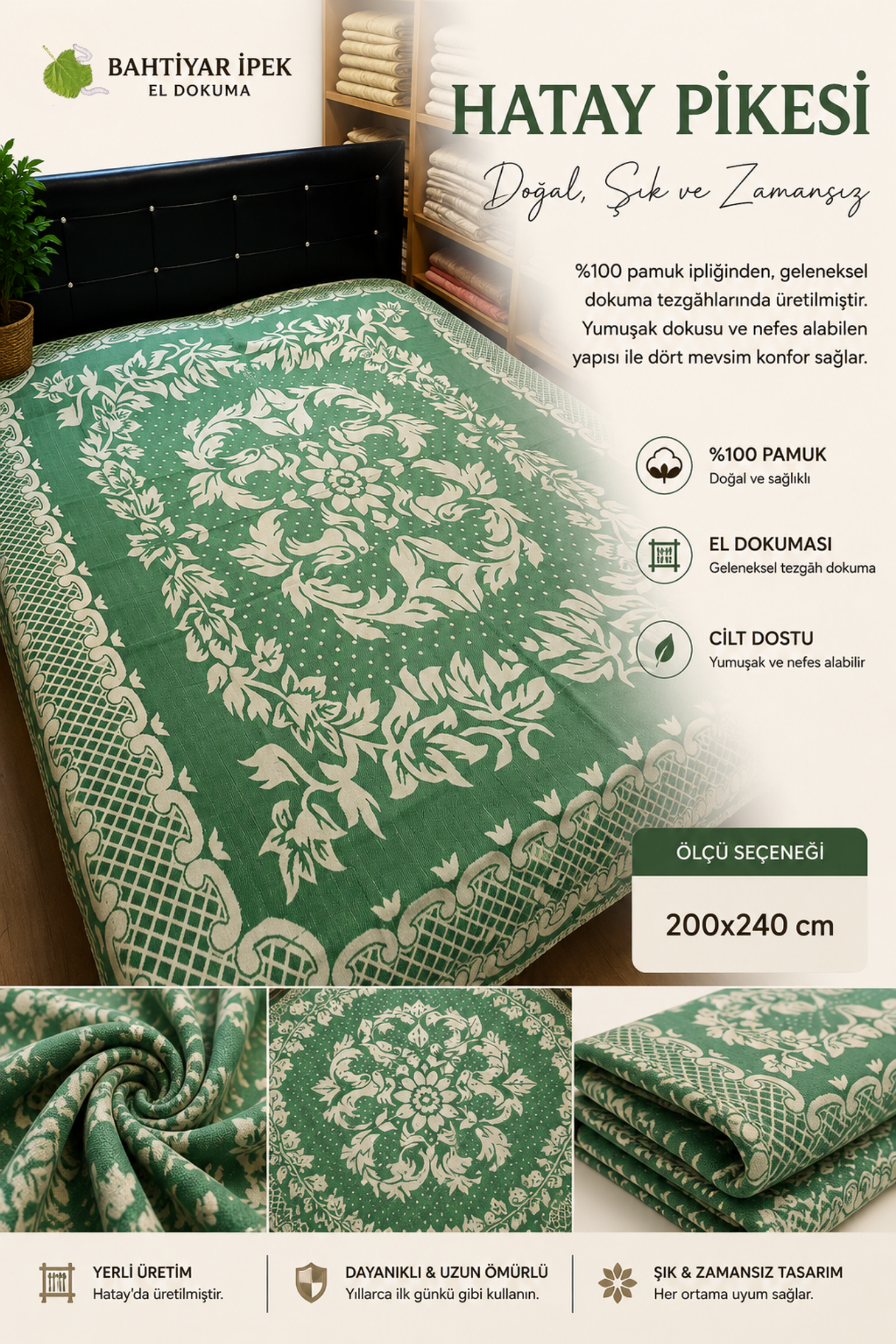 El Dokuma Çift Kişilik Pike  Bahtiyar İpek Pike (Yatak Örtüsü)