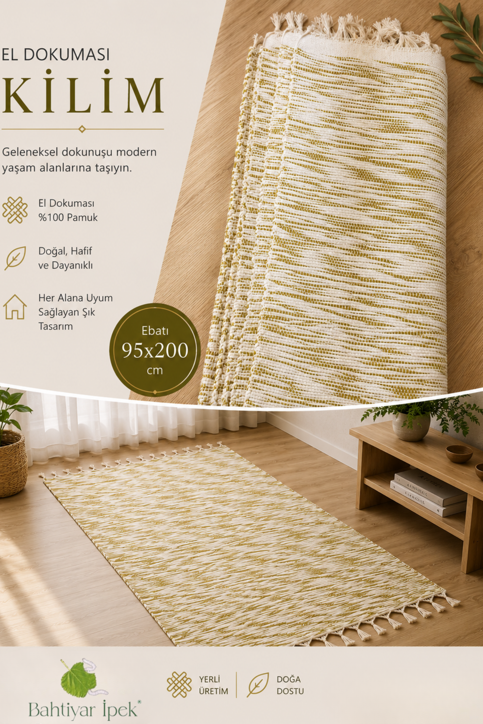 El Dokuma Hardal Sarısı Çizgili Kilim  Bahtiyar İpek Kilim
