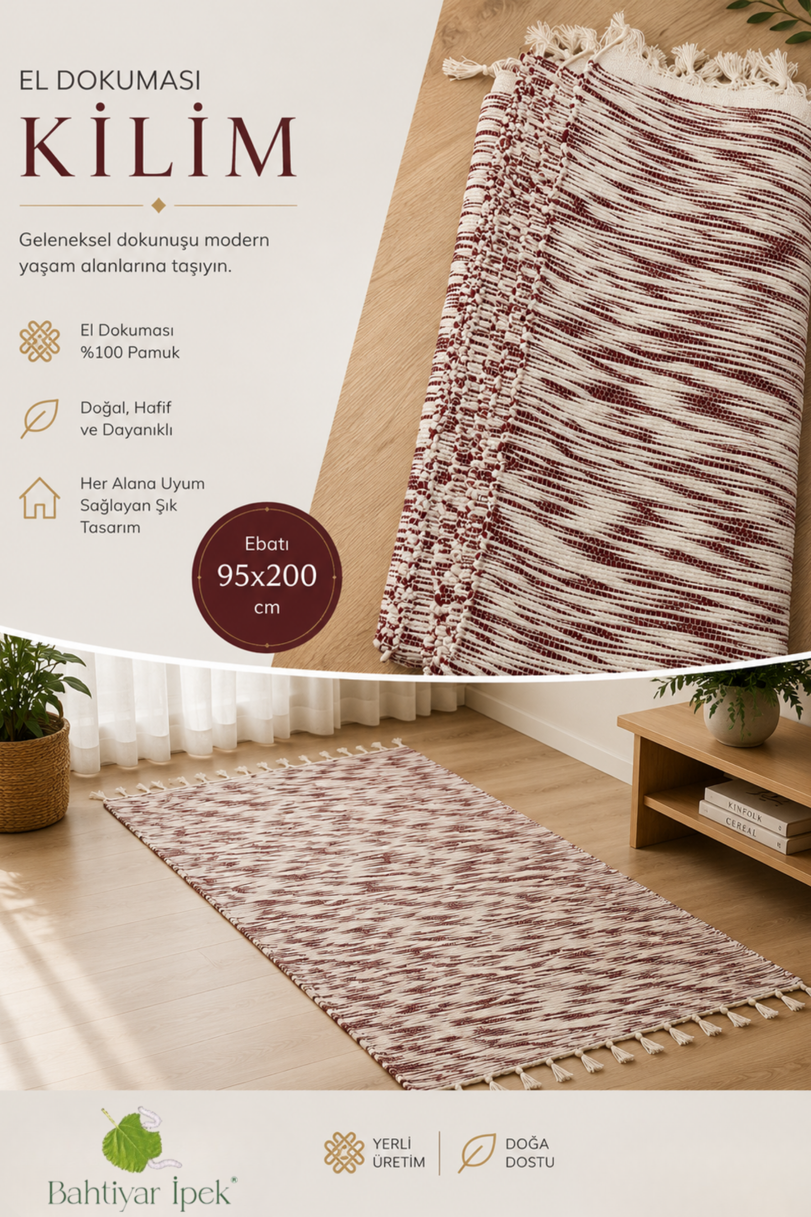 El Dokuma Kahverengi Çizgili Kilim  Bahtiyar İpek Kilim