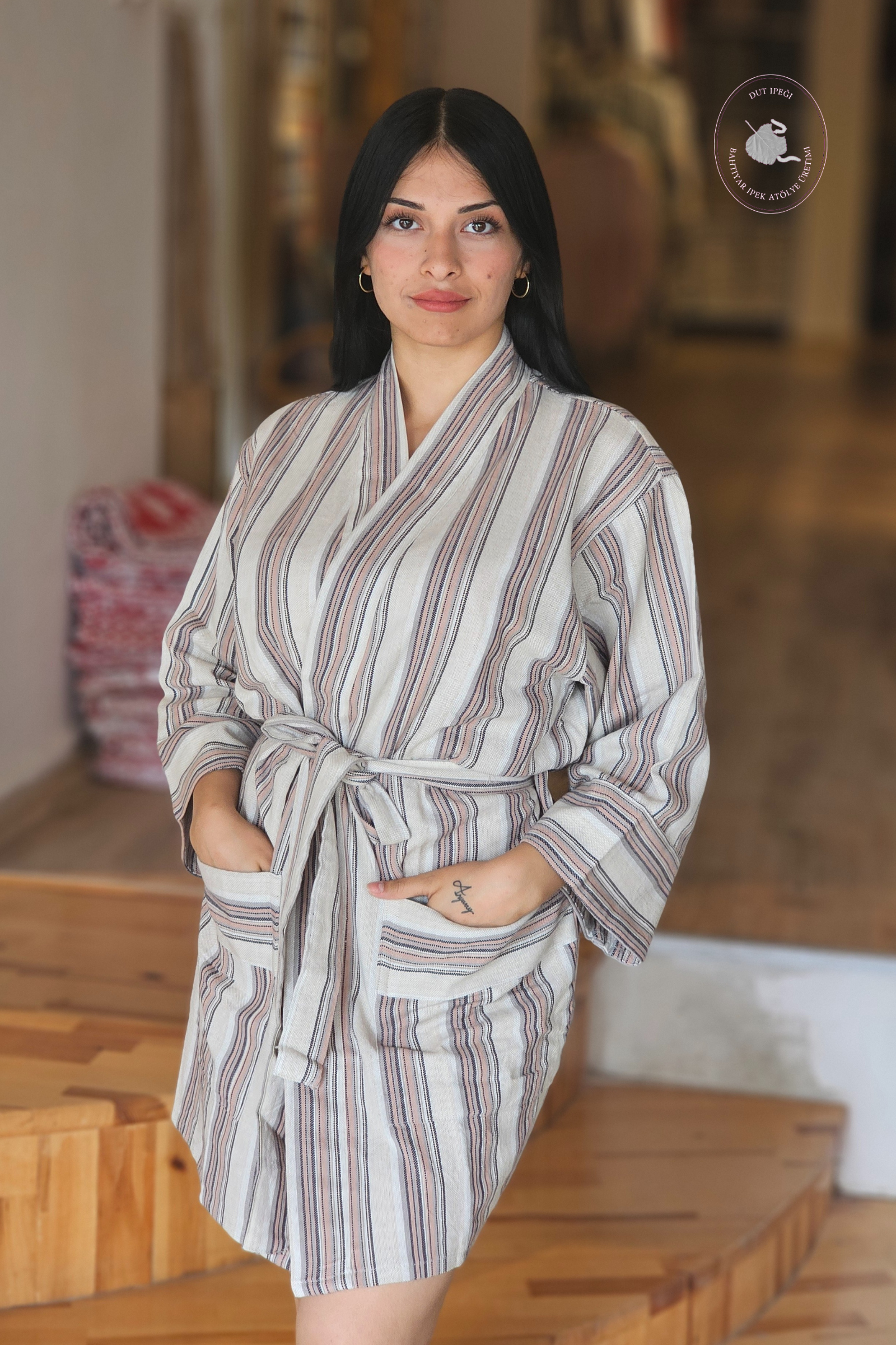 Gri kahve Çizgili Pamuk Kimono  Bahtiyar İpek Kimono