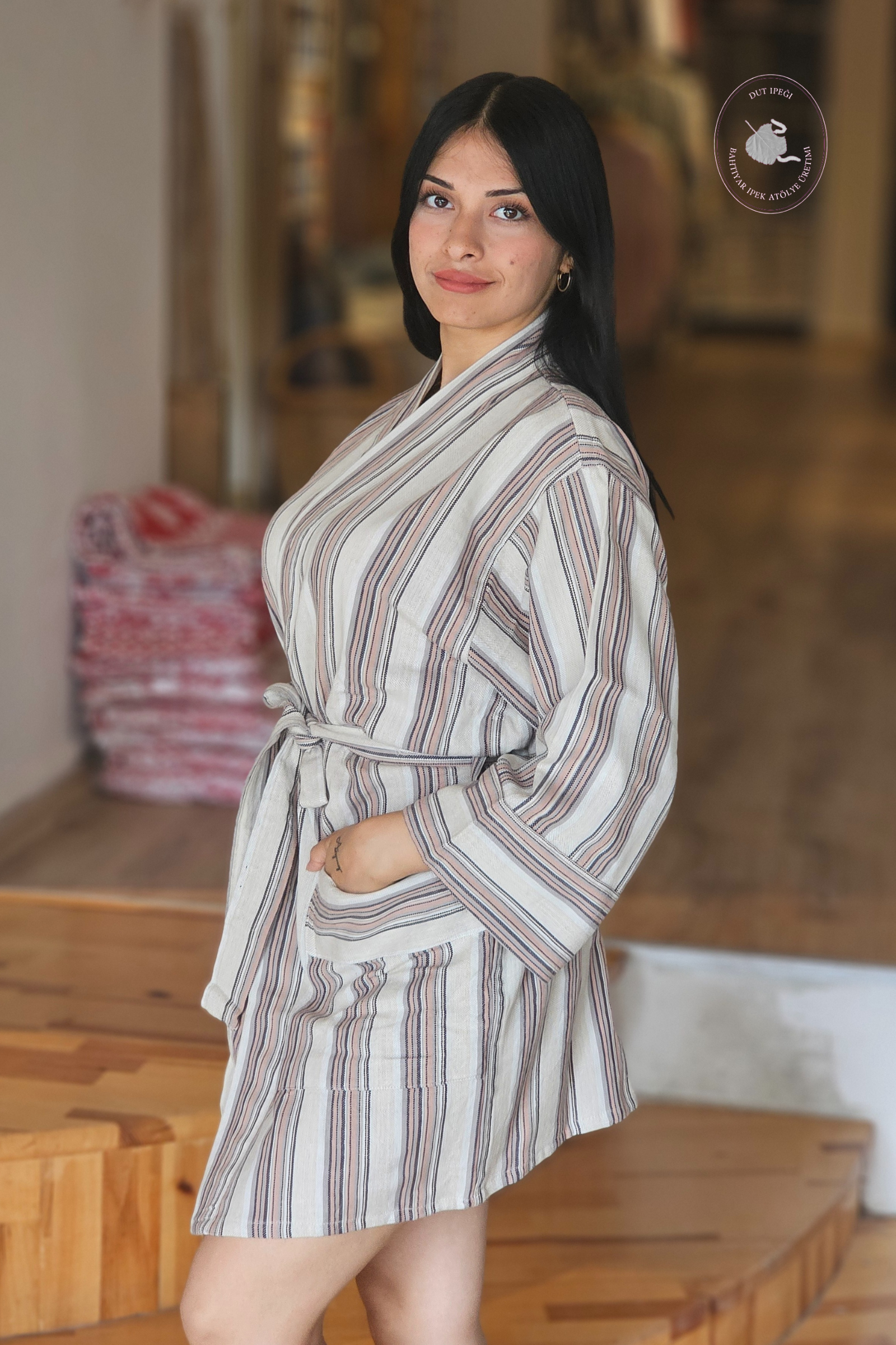 Gri kahve Çizgili Pamuk Kimono  Bahtiyar İpek Kimono