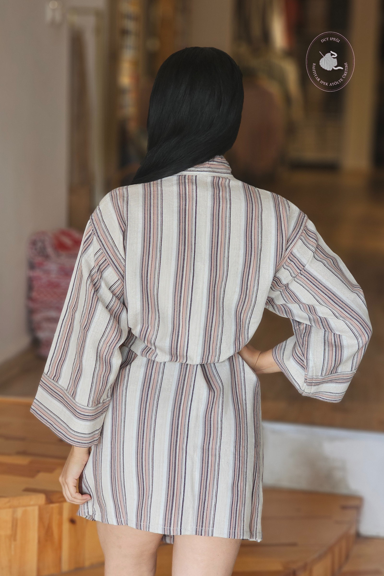 Gri kahve Çizgili Pamuk Kimono  Bahtiyar İpek Kimono