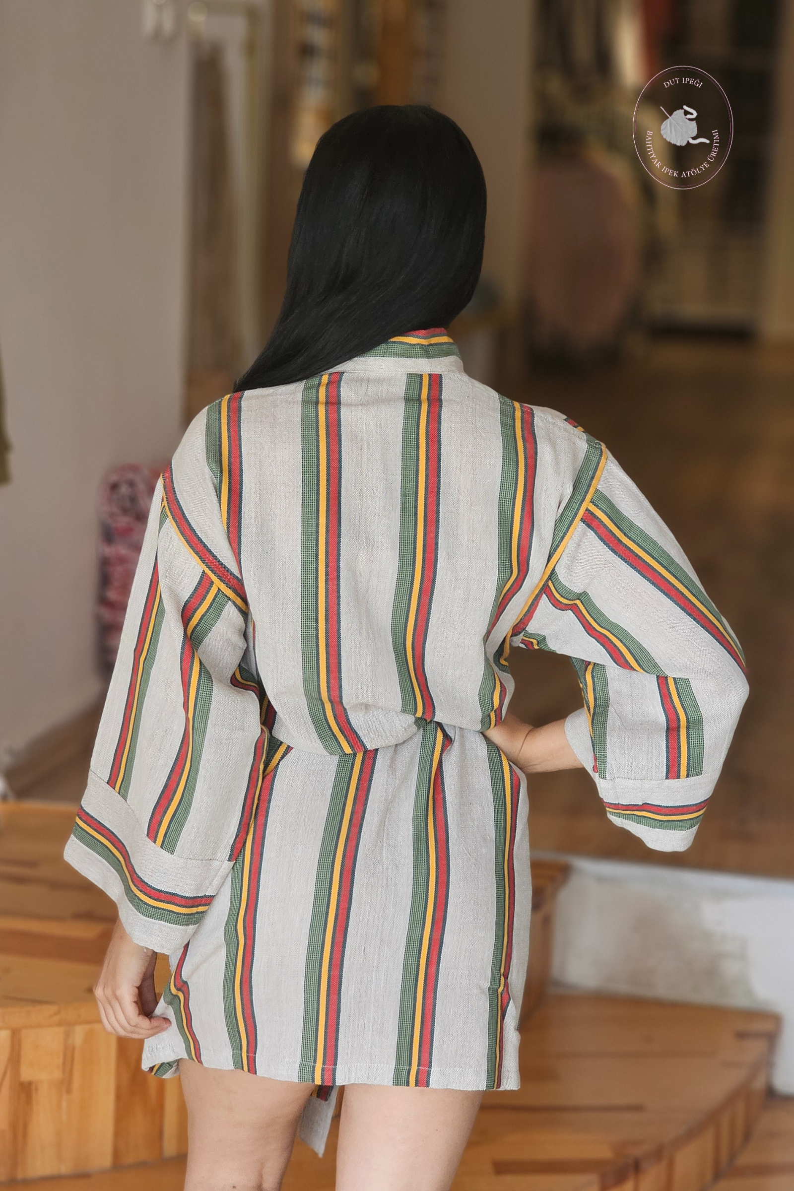 Gri Kırmızı Yeşil Çizgili Pamuk Kimono  Bahtiyar İpek Kimono