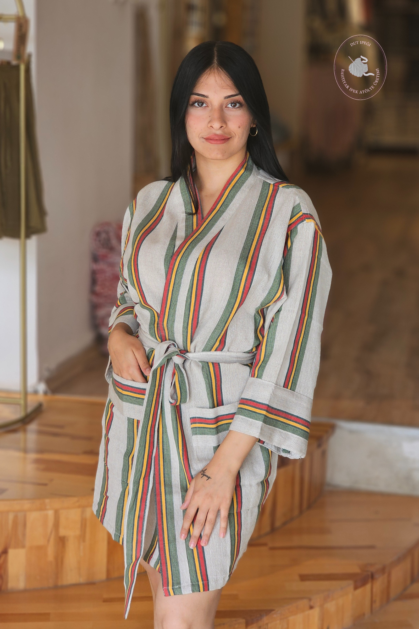 Gri Kırmızı Yeşil Çizgili Pamuk Kimono  Bahtiyar İpek Kimono