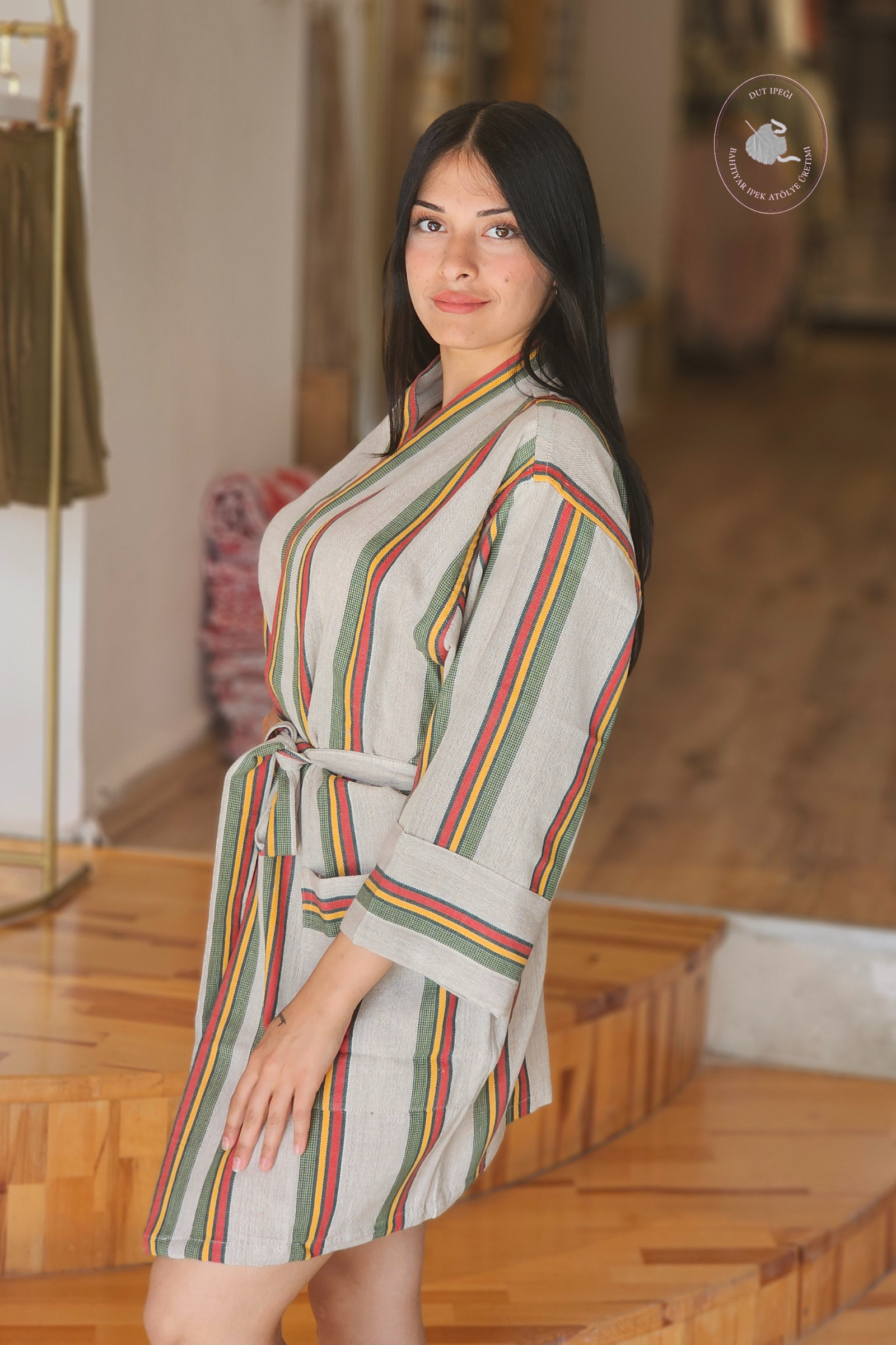 Gri Kırmızı Yeşil Çizgili Pamuk Kimono  Bahtiyar İpek Kimono