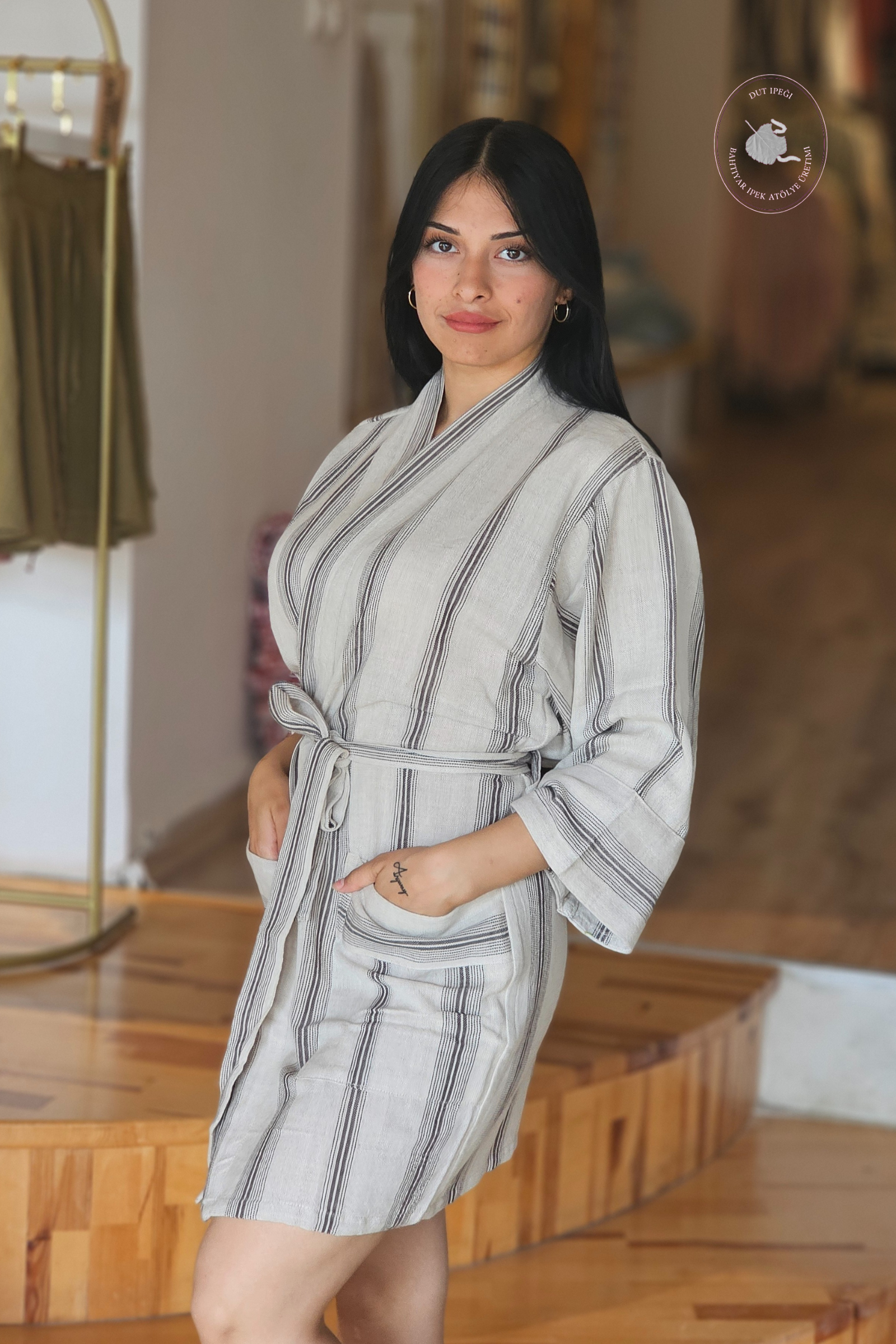 Gri Siyah Çizgili Pamuk Kimono  Bahtiyar İpek Kimono
