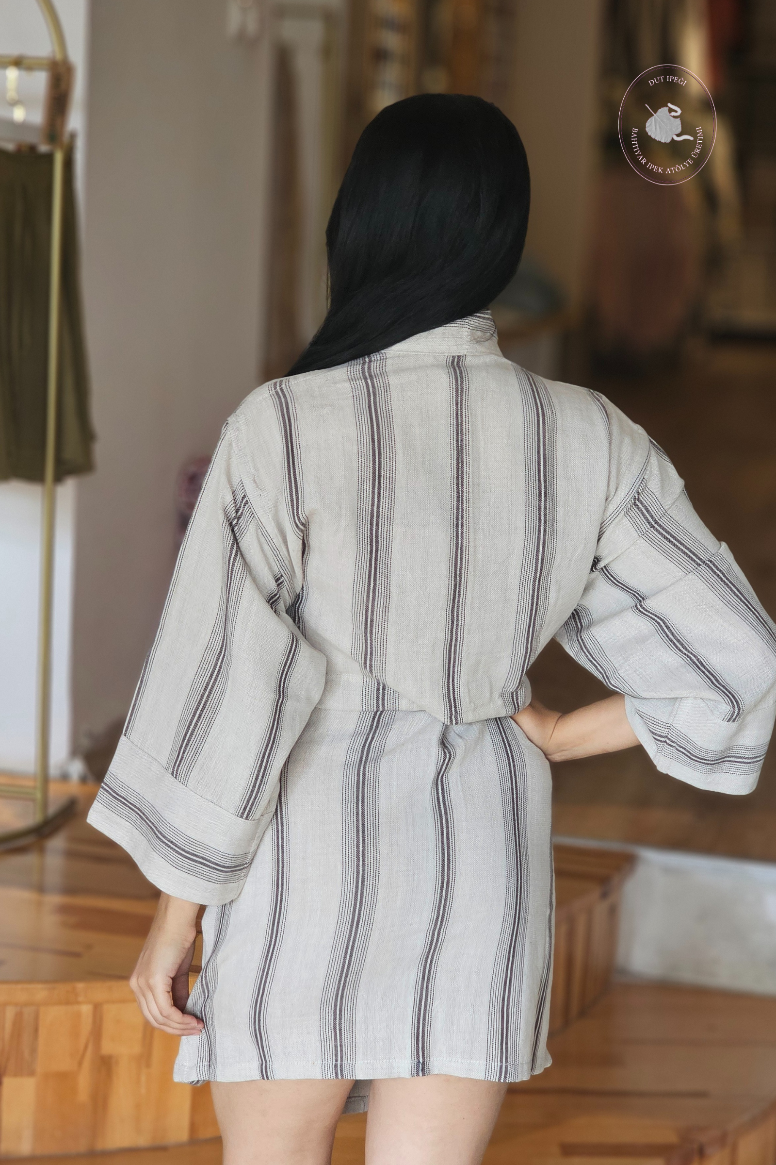 Gri Siyah Çizgili Pamuk Kimono  Bahtiyar İpek Kimono