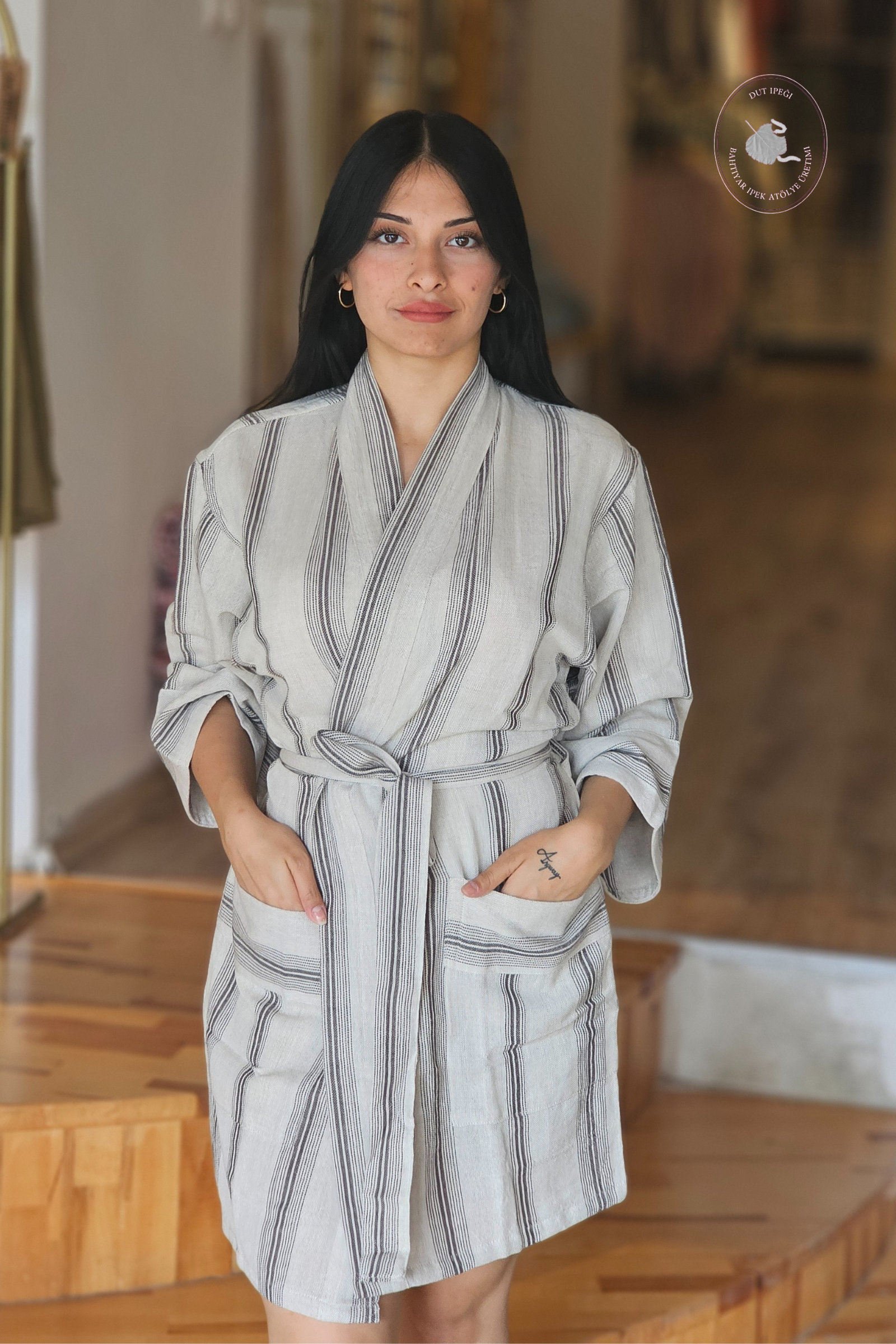 Gri Siyah Çizgili Pamuk Kimono  Bahtiyar İpek Kimono