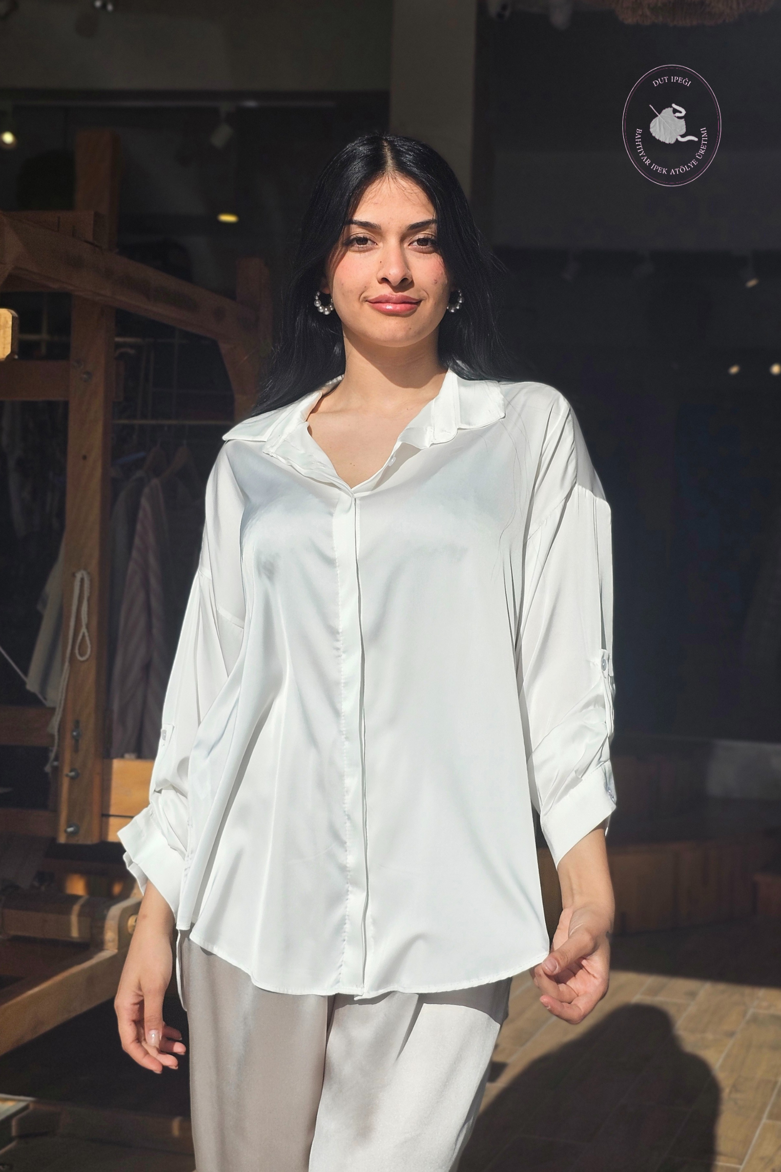 Ham Renk Dut İpeği Kadın Gömleği  Bahtiyar İpek Gömlek