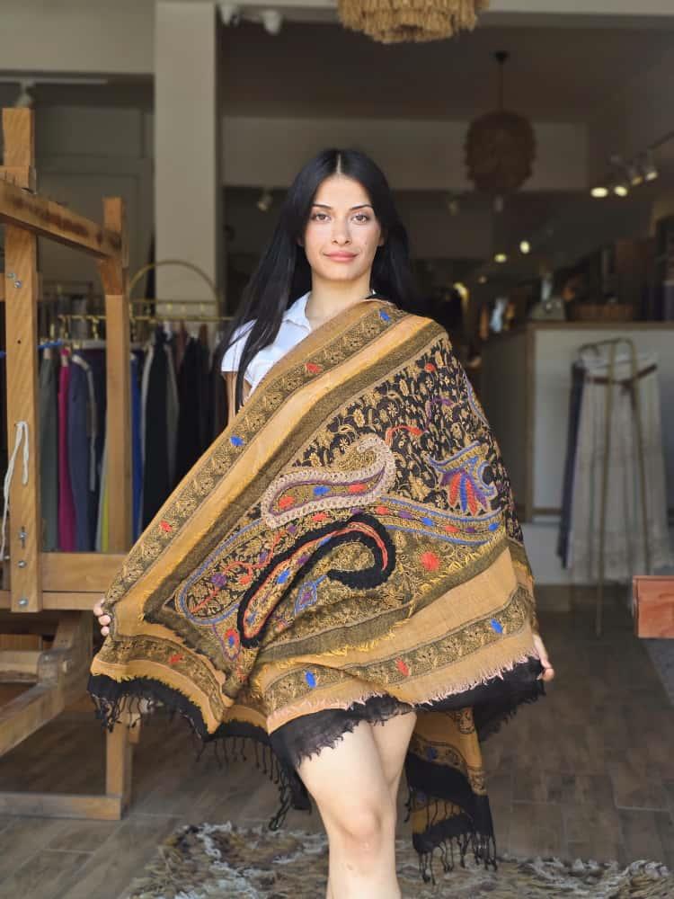 Hardal Sarısı 3 Katlı Kaşmir Omuz Şalı  Bahtiyar İpek Omuz Şalı