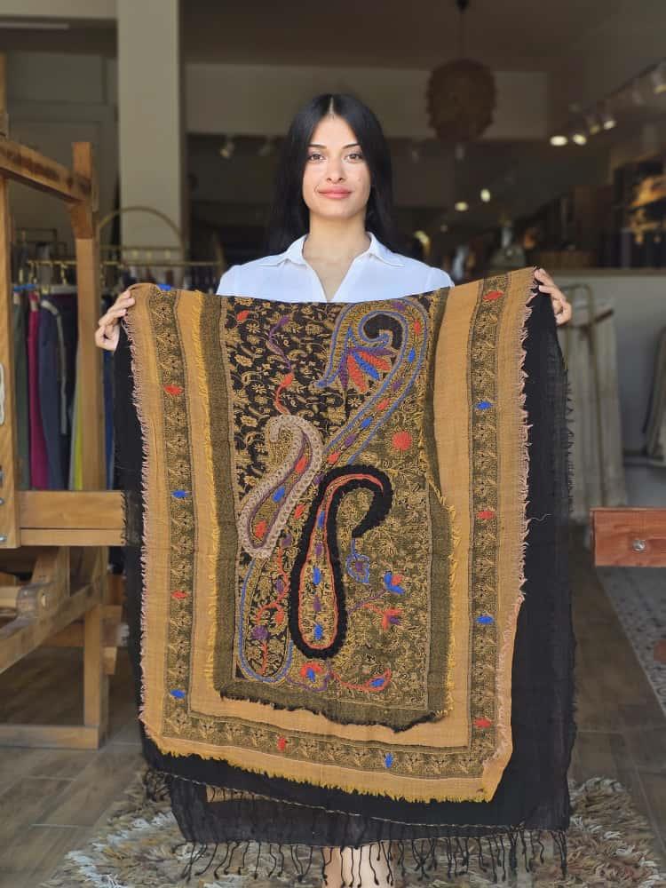 Hardal Sarısı 3 Katlı Kaşmir Omuz Şalı  Bahtiyar İpek Omuz Şalı