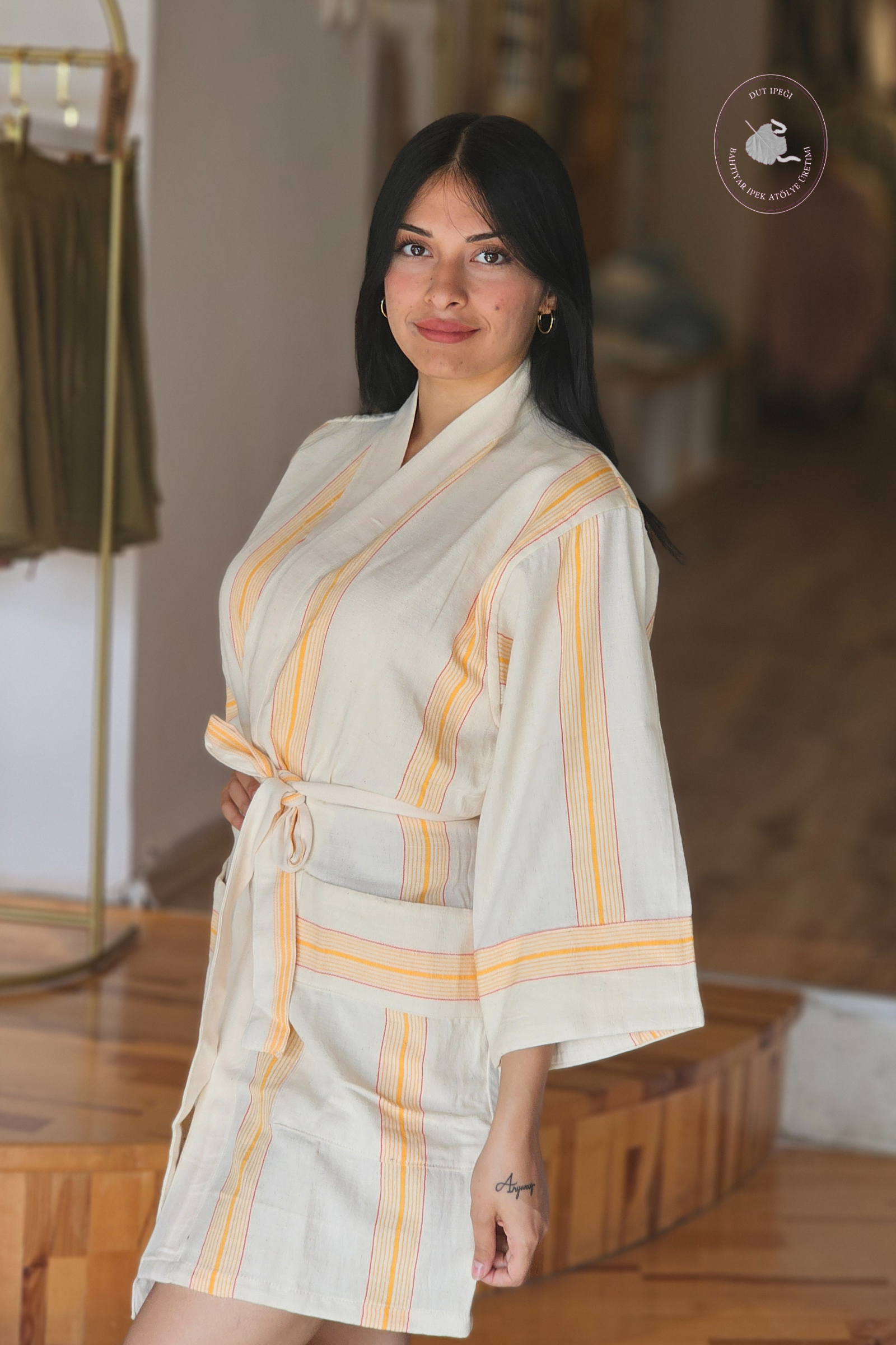 Kalın Sarı Çizgili Pamuk Kimono  Bahtiyar İpek Kimono