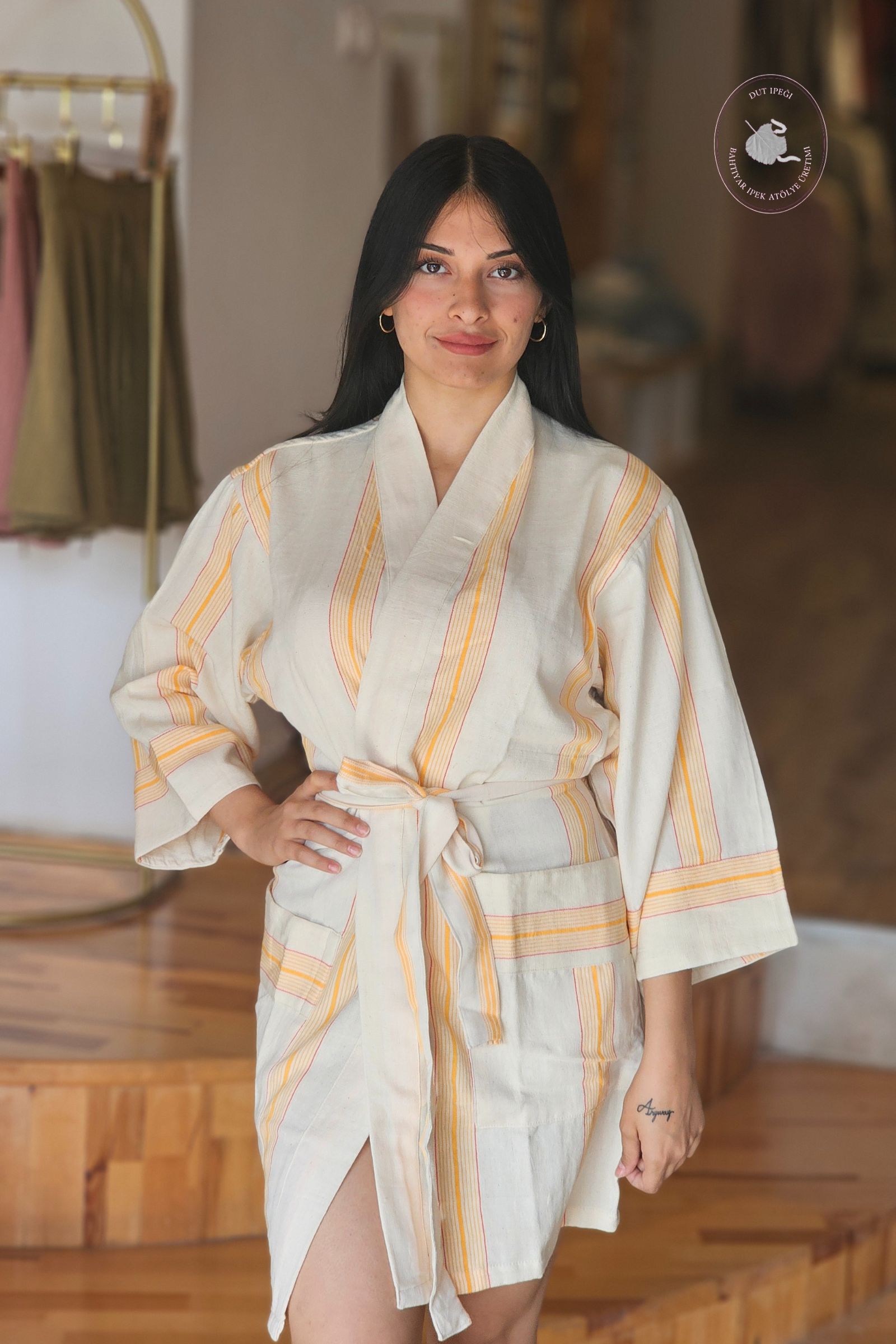 Kalın Sarı Çizgili Pamuk Kimono  Bahtiyar İpek Kimono