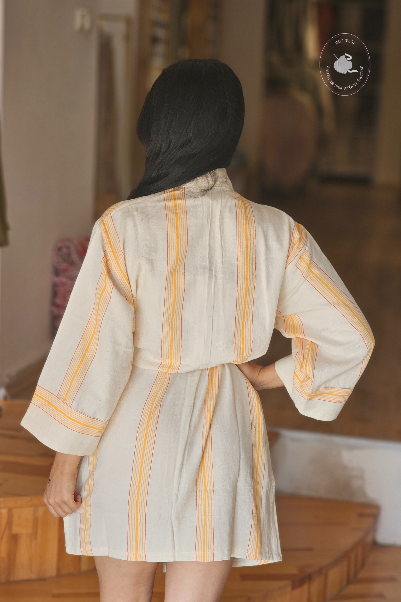 Kalın Sarı Çizgili Pamuk Kimono  Bahtiyar İpek Kimono