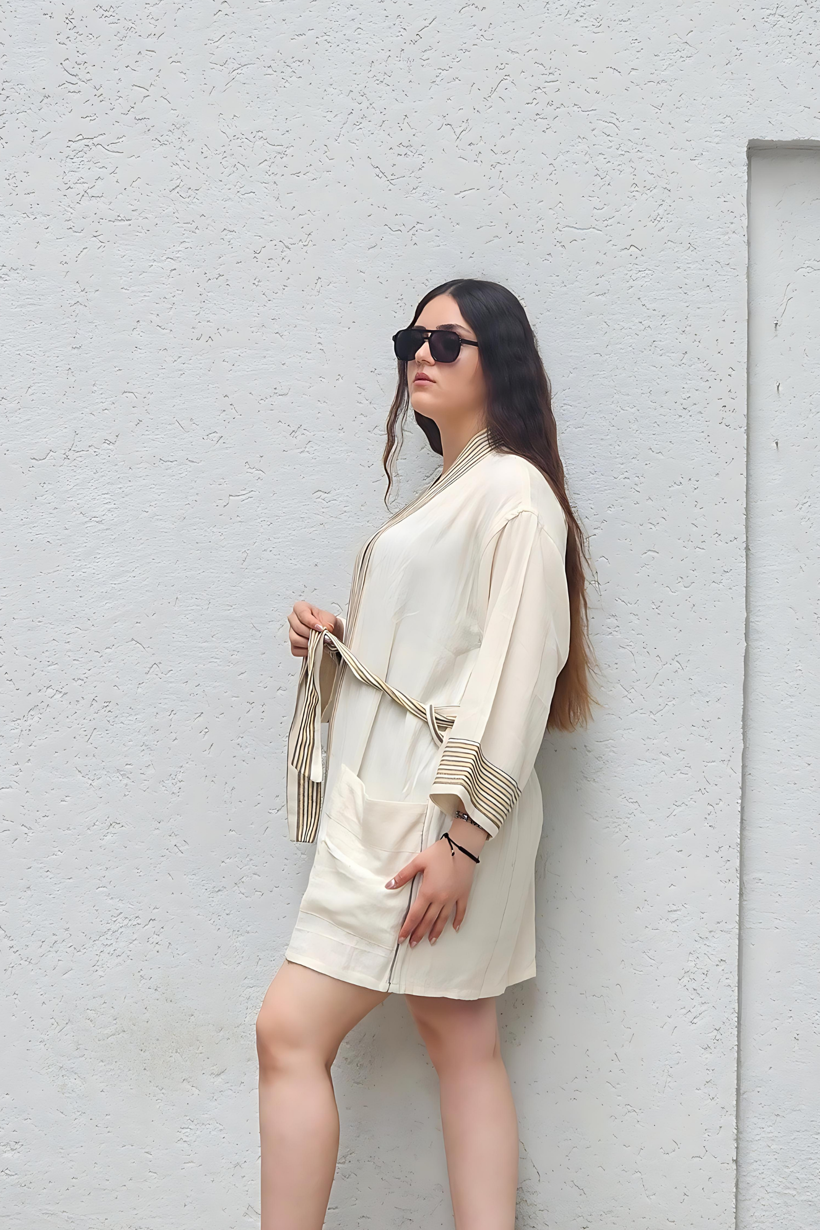 Krem Sarı Siyah Çizgili Keten Kimono  Bahtiyar İpek Kimono