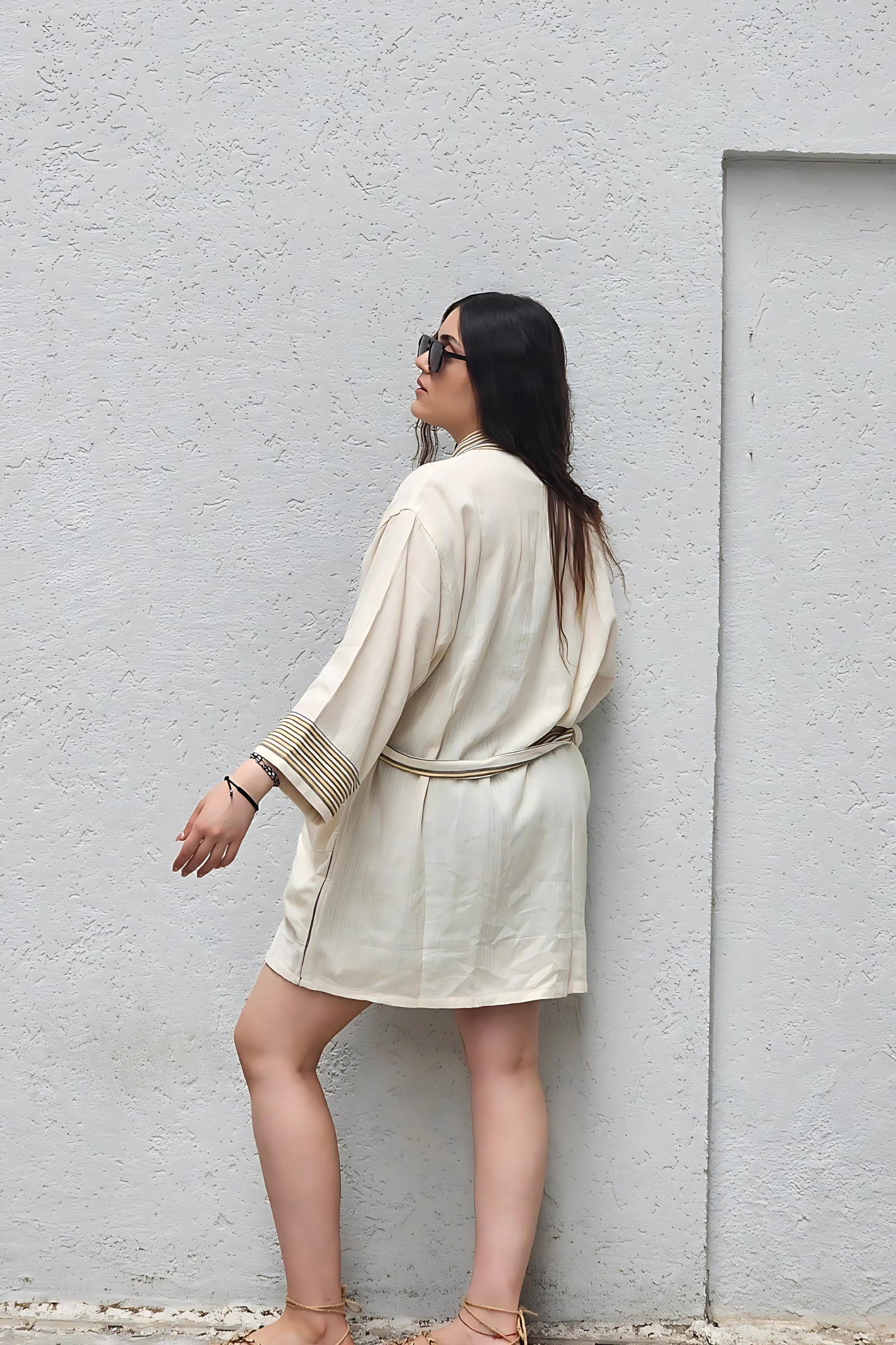 Krem Sarı Siyah Çizgili Keten Kimono  Bahtiyar İpek Kimono