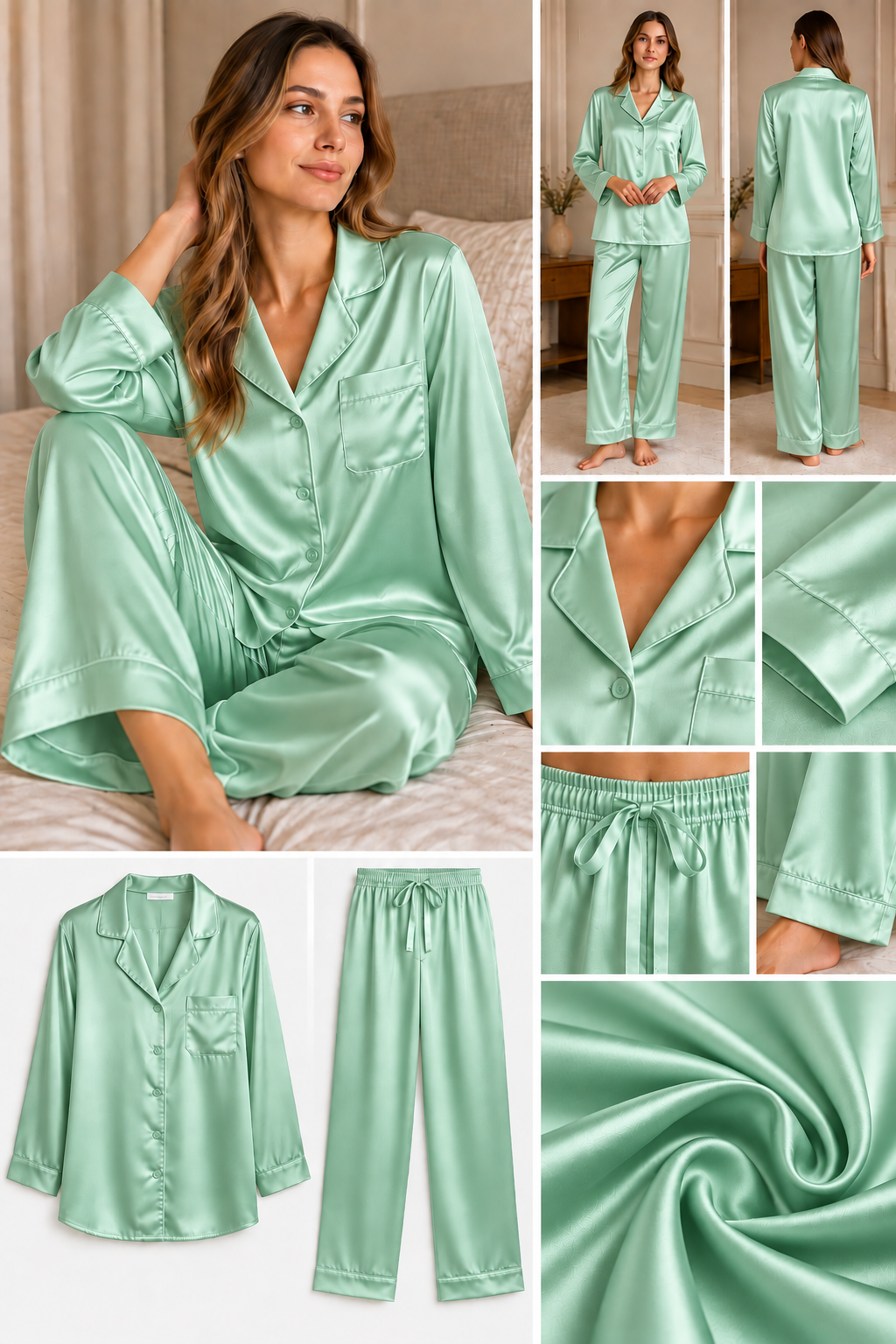 Mint Yeşili Uzun Kol İpek Pijama Takımı  Bahtiyar İpek İpek Pijama Takımı