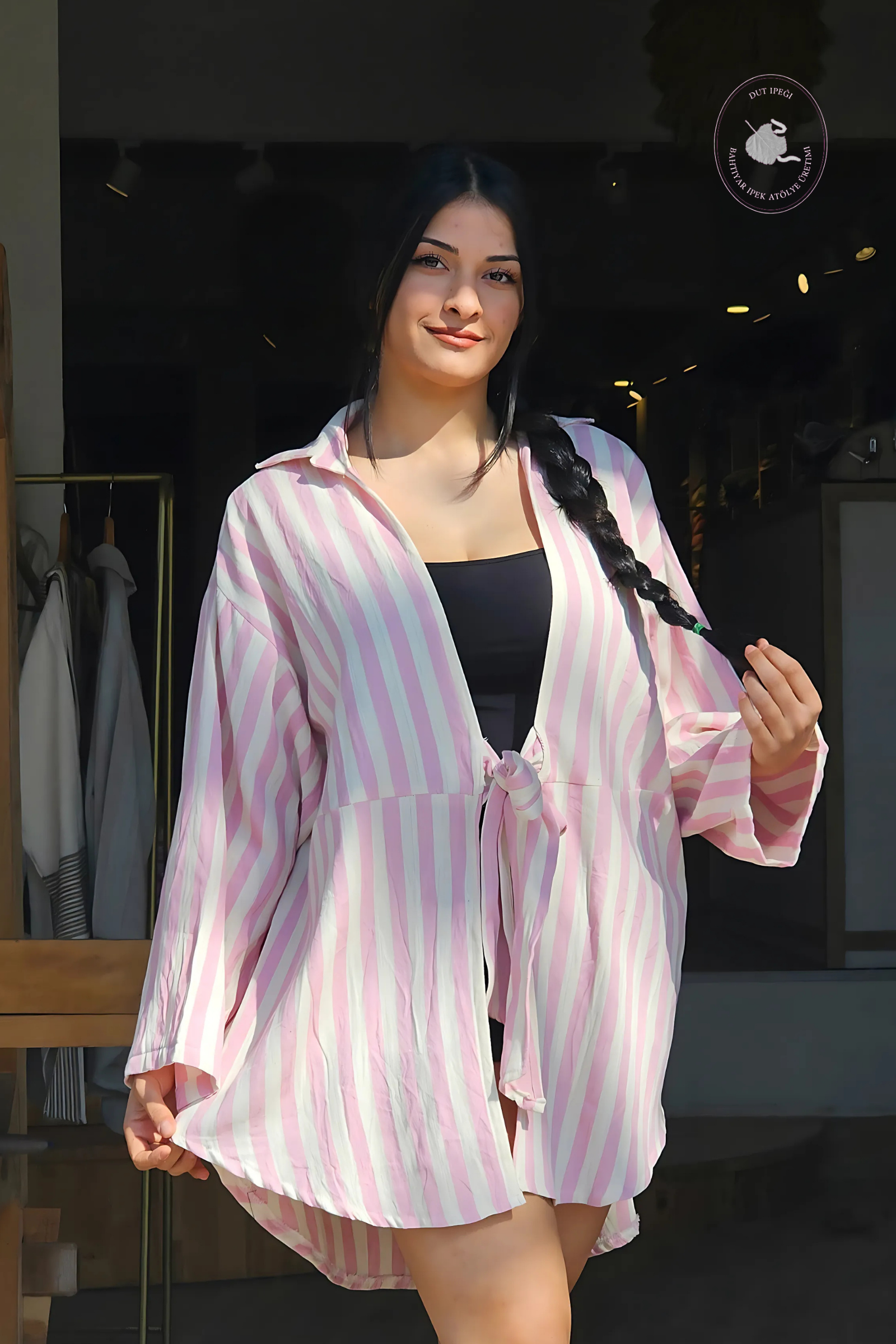 Pembe Çizgili El Dokuma Pamuk Gömlek Pareo  Bahtiyar İpek Pareo