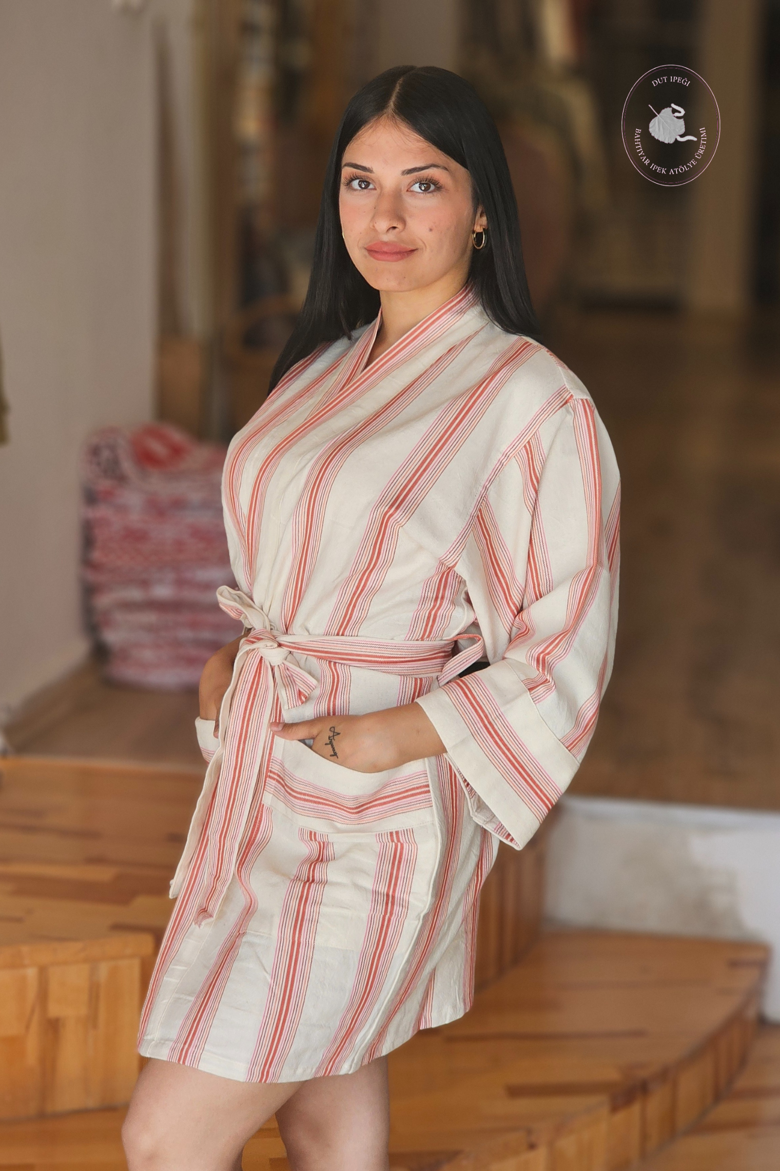 Pembe Çizgili Pamuk Kimono  Bahtiyar İpek Kimono