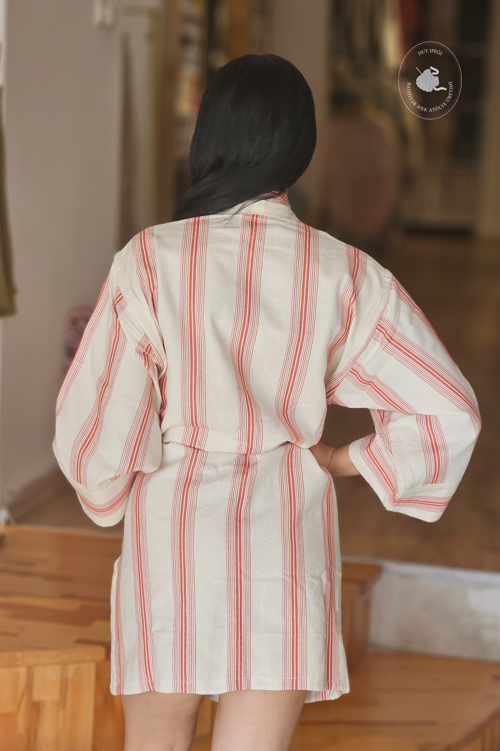 Pembe Çizgili Pamuk Kimono  Bahtiyar İpek Kimono