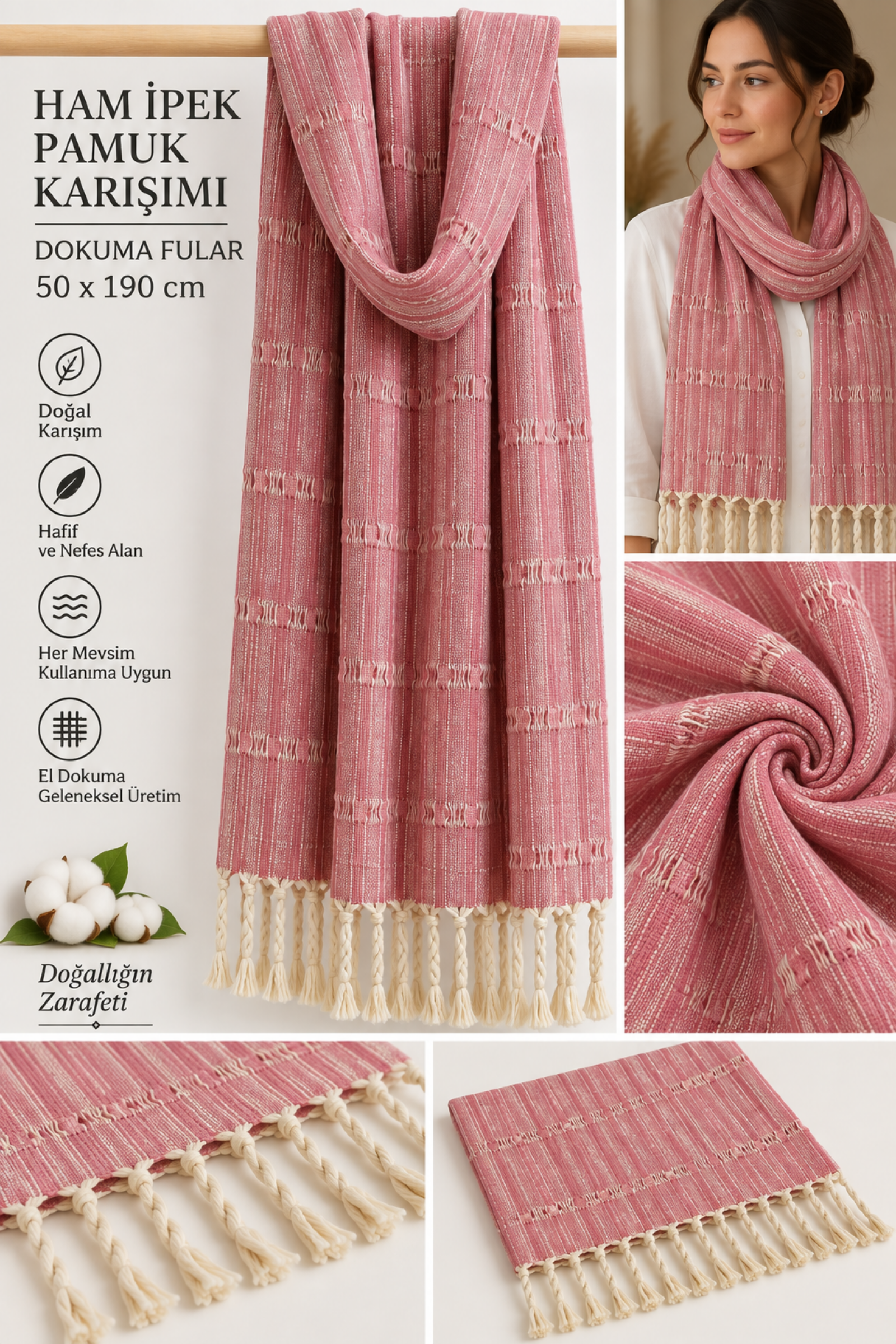 Pembe Ham İpek Pamuk Dokuma Fular  Bahtiyar İpek Fular