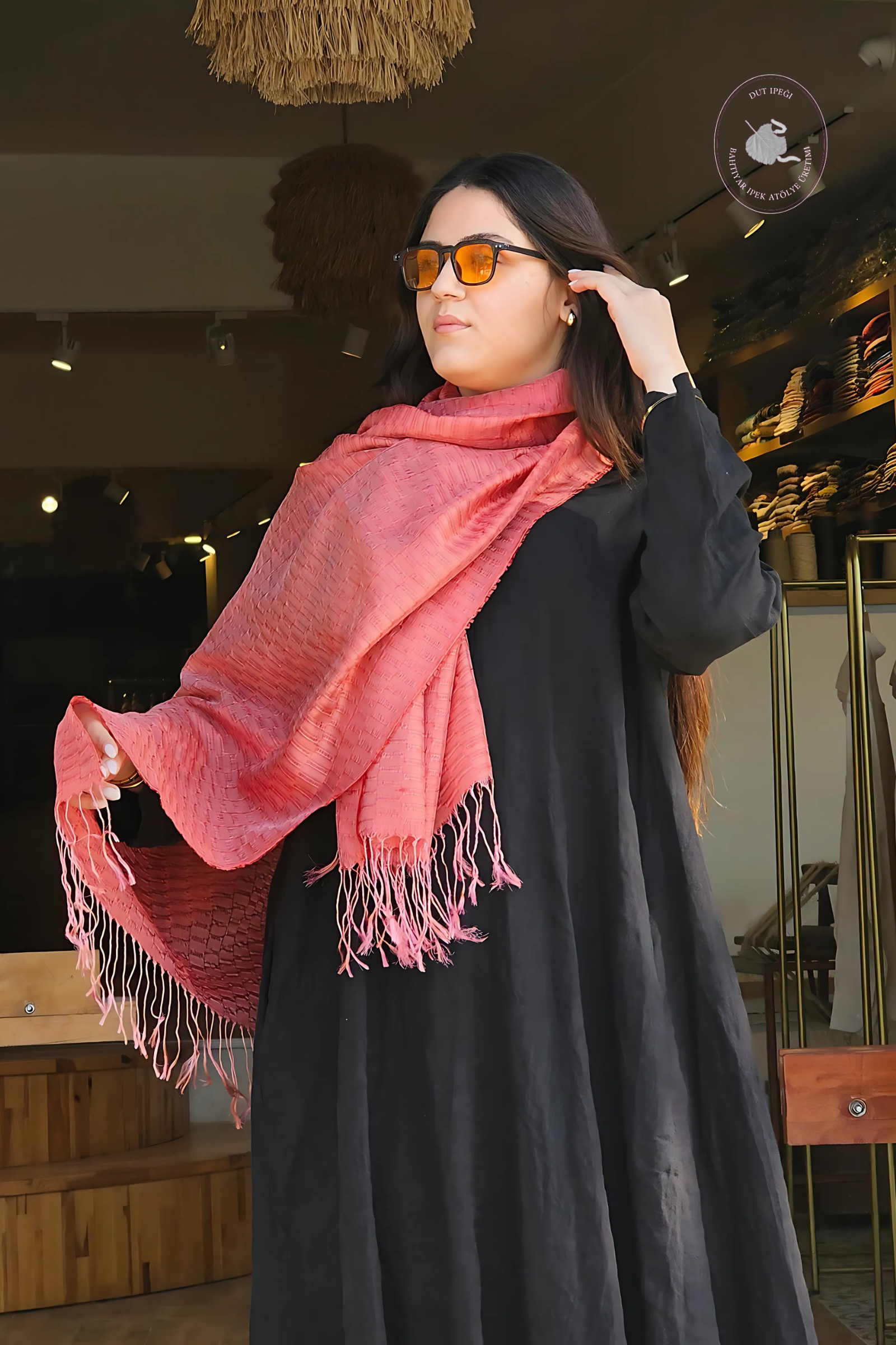Pembe Kare El Dokuma İpek Şal  Bahtiyar İpek Şal