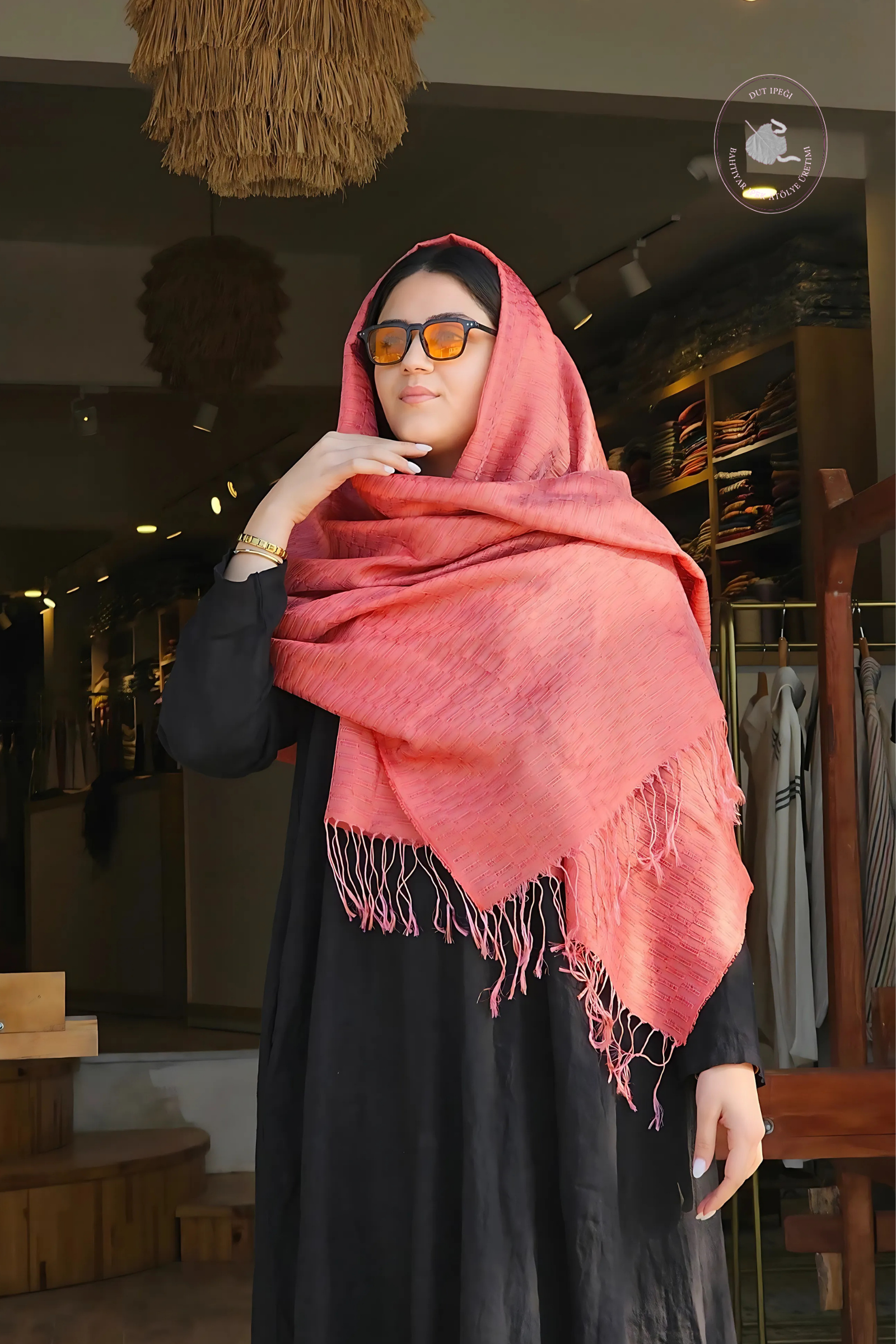 Pembe Kare El Dokuma İpek Şal  Bahtiyar İpek Şal