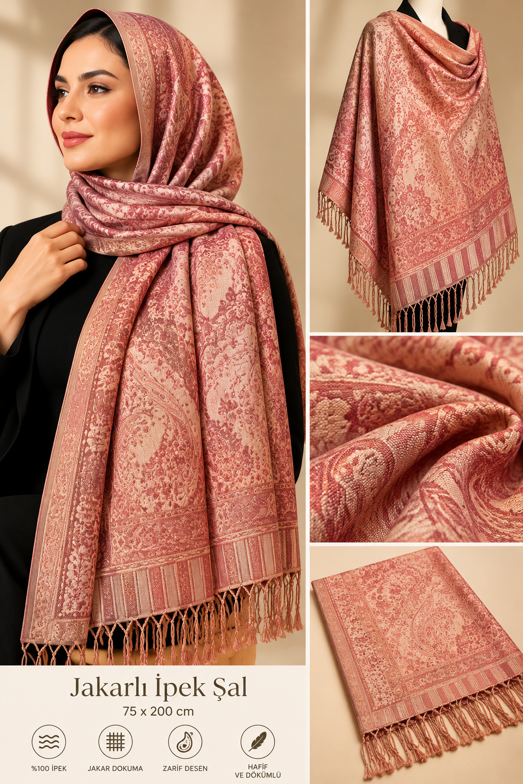 Pembe Pudra Jakarlı İpek Şal  Bahtiyar İpek Şal