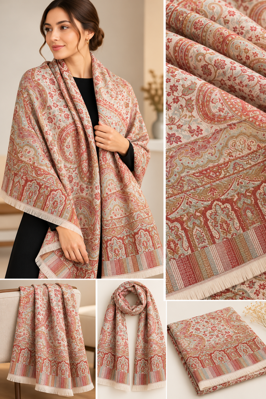 Pembe Şal Desen İnce Kaşmir Omuz Şalı  Bahtiyar İpek Omuz Şalı