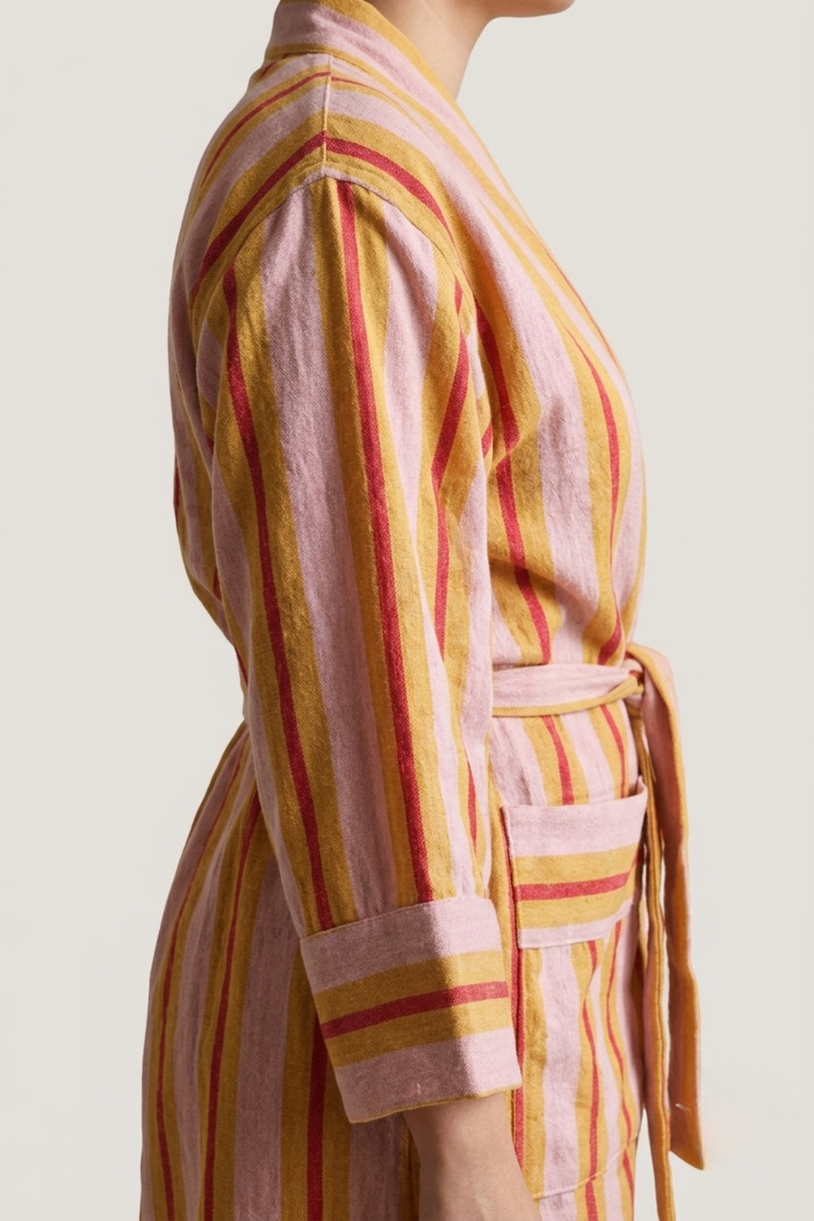 Pembe Sarı Çizgili Keten Kimono  Bahtiyar İpek Kimono