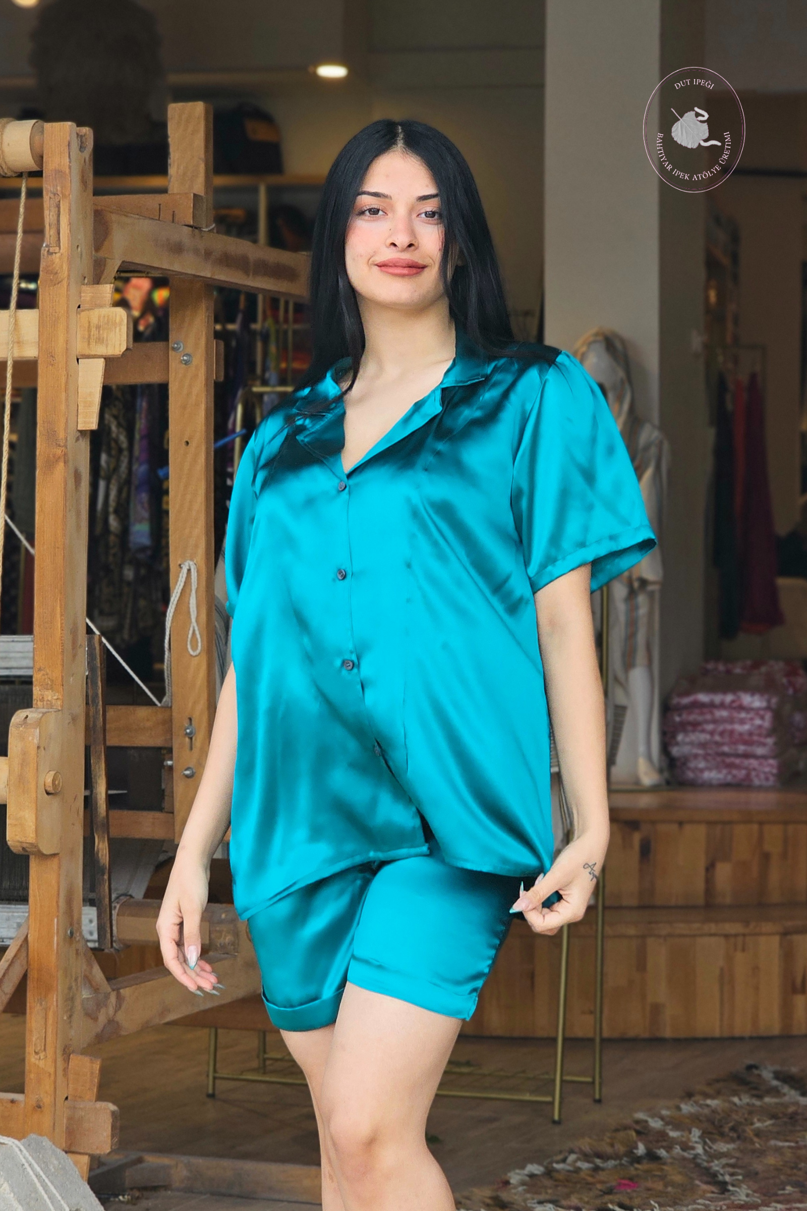 Petrol Yeşili Şortlu İpek Pijama Takımı  Bahtiyar İpek İpek Pijama Takımı