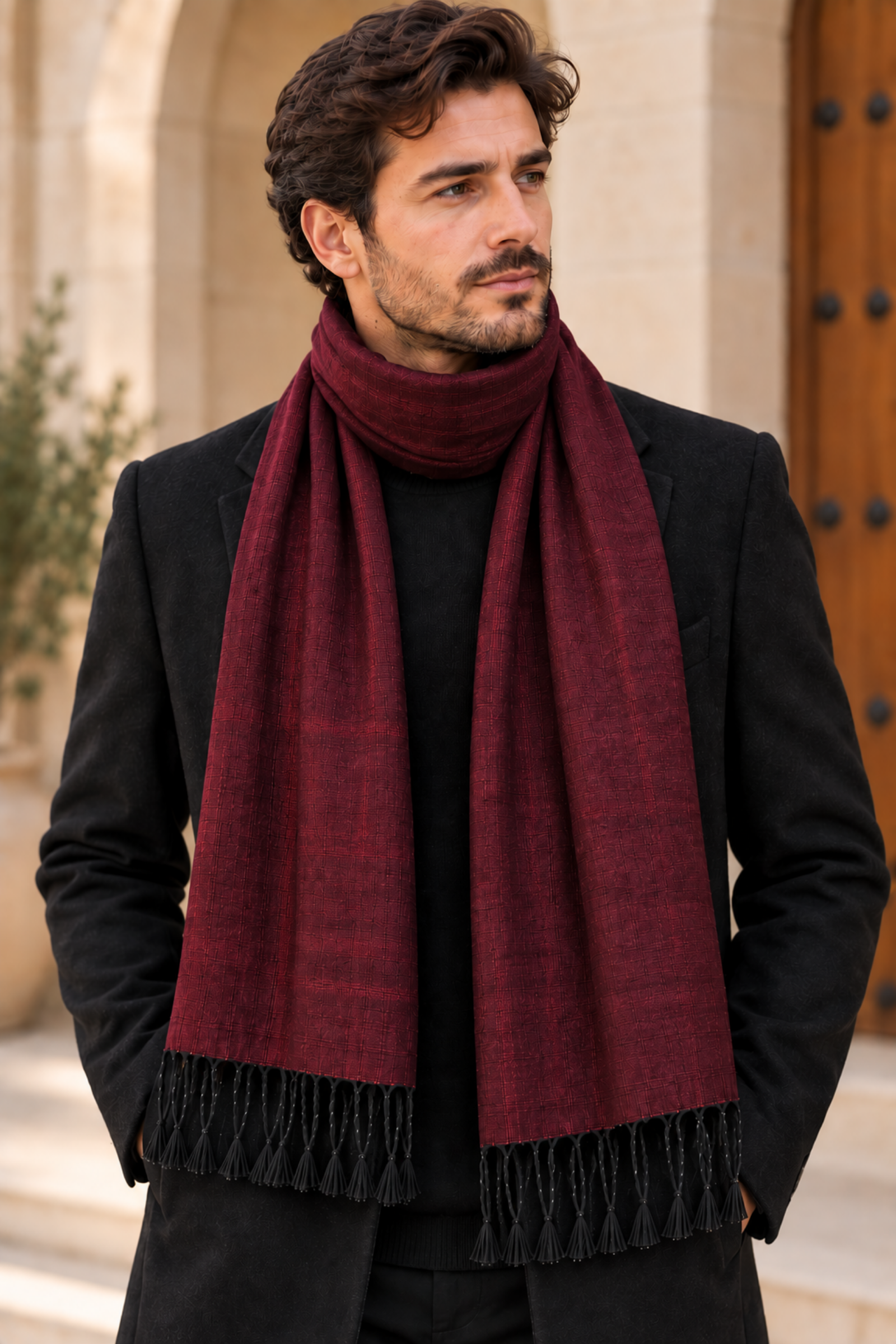 Premium Bordo Dut İpeği Dokuma Kaşkol  Bahtiyar İpek Kaşkol