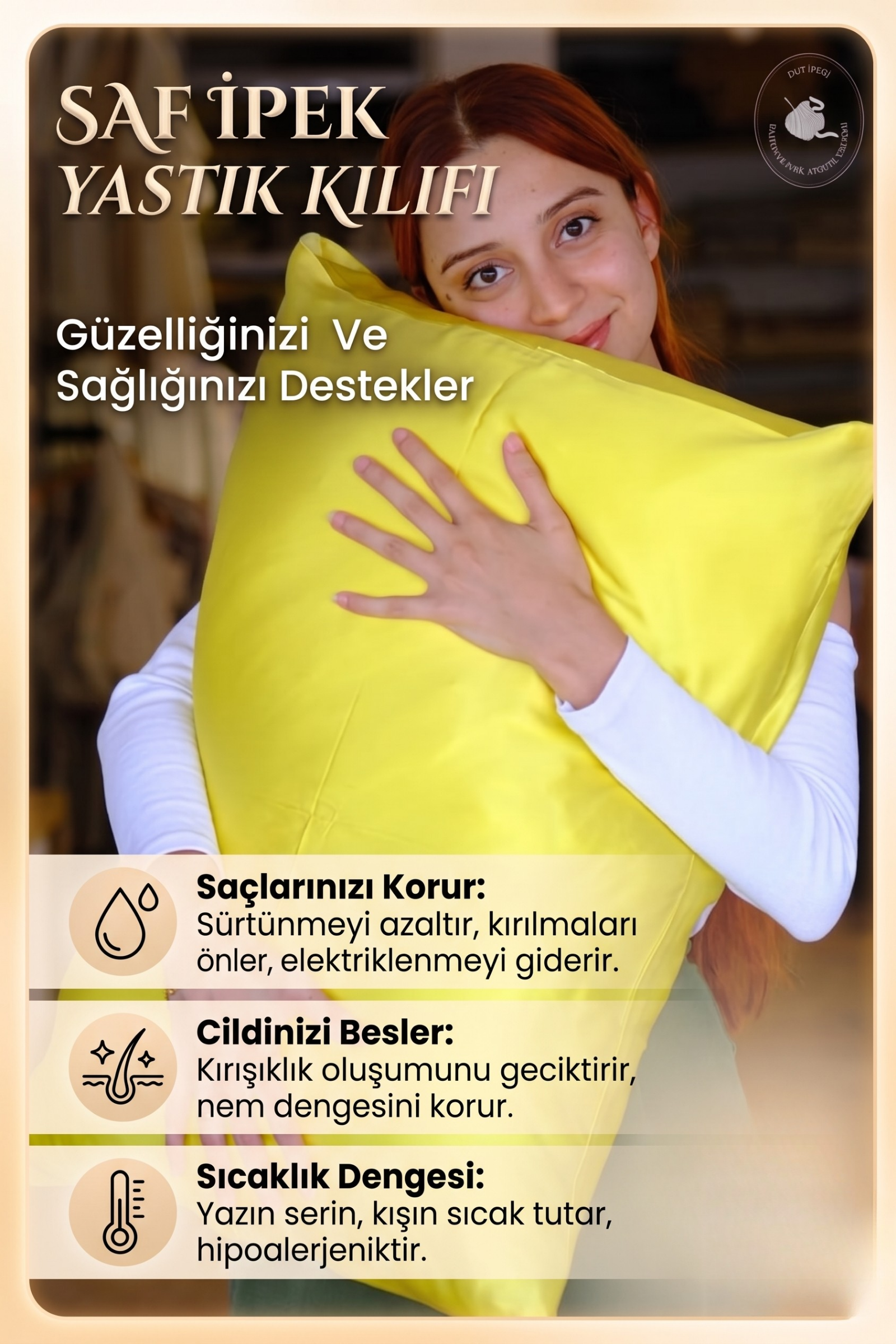 Sarı İpek Yastık Kılıfı  Bahtiyar İpek İpek Yastık Kılıfı